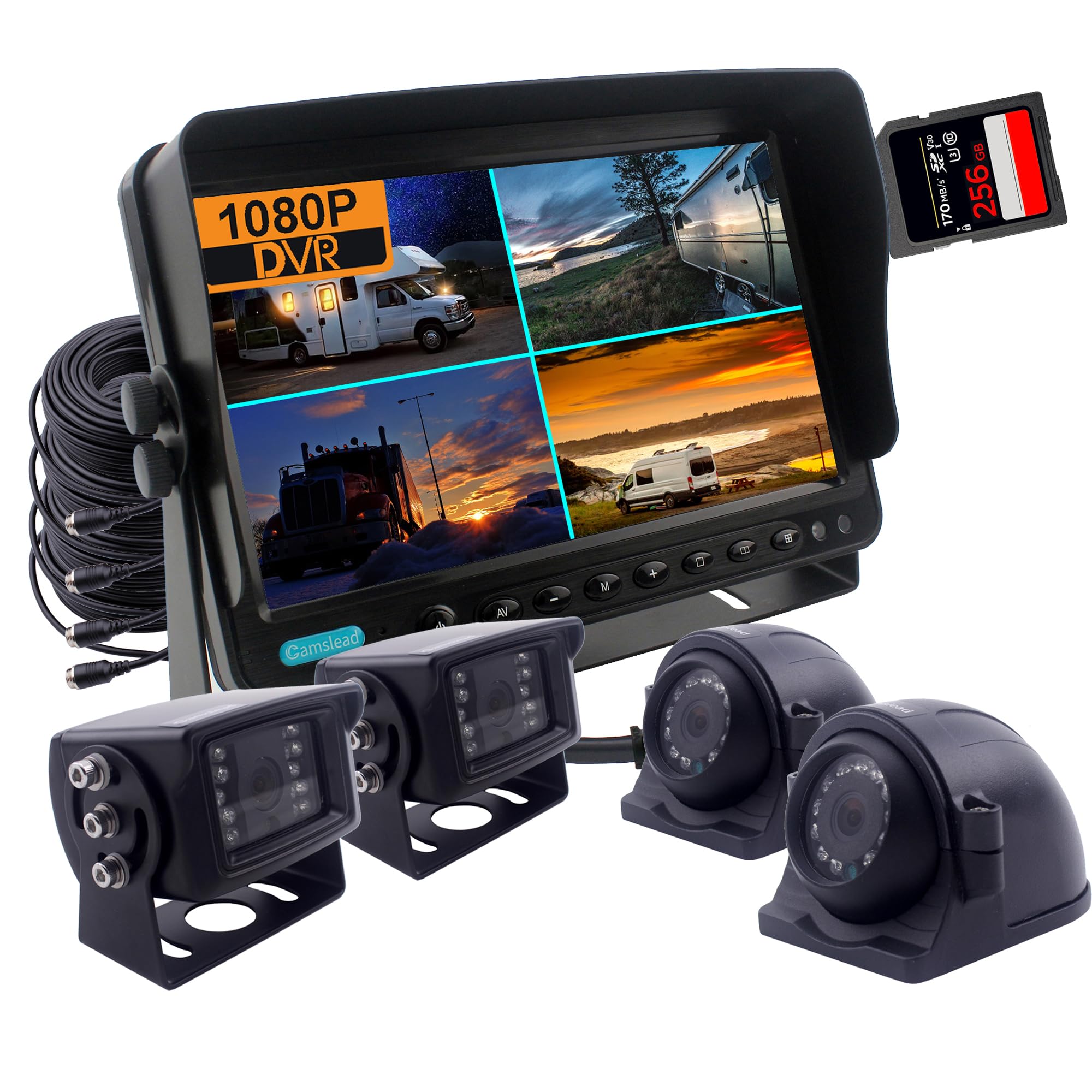 HD 1080P Backup Reversing system kamery, monitor DVR 4-dzielony ekran, maks. obsługa karty SD 256 GB, 4 x noktowizor na podczerwień, do samochodu, widok z boku, zestaw do przyczep ciężarowych