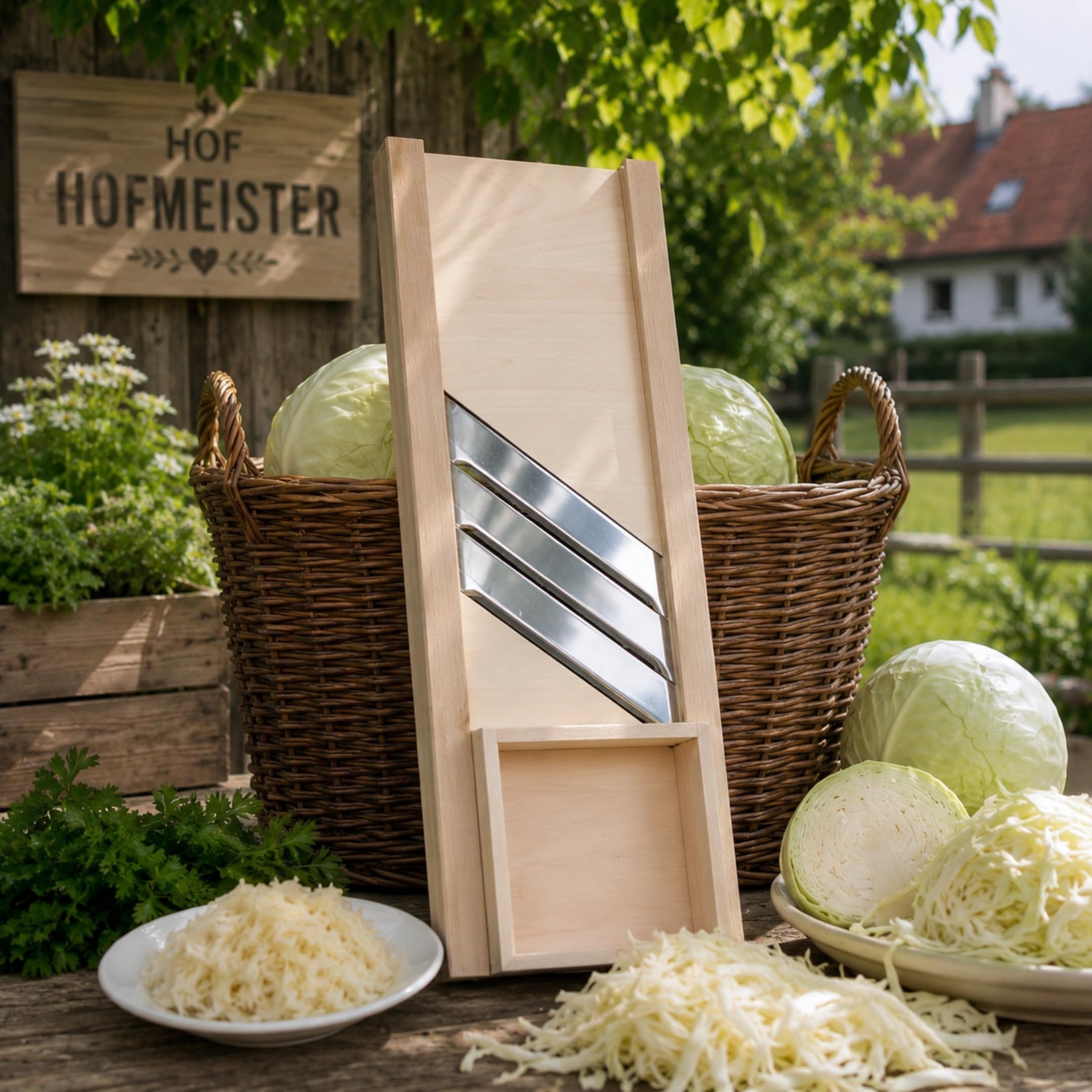 HOFMEISTER® Affettatrice professionale per erbe aromatiche, lame inox 80 cm, taglio sicuro cavoli bianchi e rossi, carrello mobile, affettaverdure in legno di faggio, Made in EU