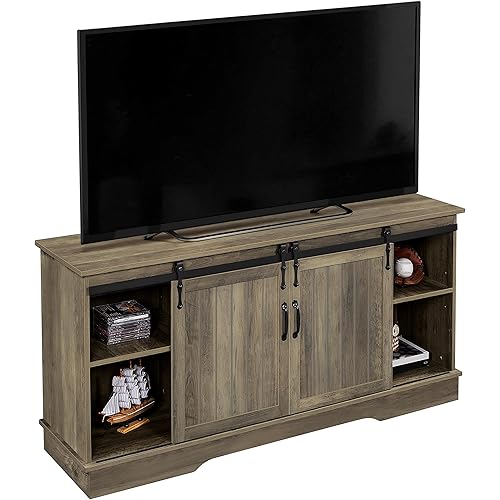 Yaheetech TV Stand for TVs Up to 65 Inch, 58 Inch Media Entertainment Center with Sliding Barn Door, Farmhouse TV Console with Adjustable Shelves & Storage Cabinets for Living Room, Rustic Oak
