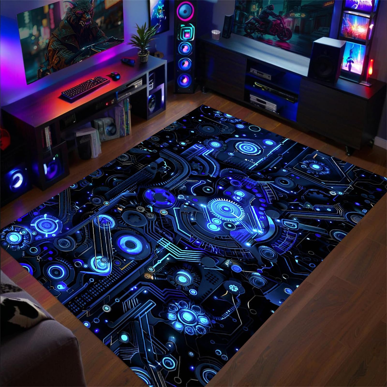 AOESELN Computer Mainboard Area Rug 140x200 Cm Abstract Electronic Circuit Neon Rug -Abstract Art Design Carpet Modern Gamer Room Floor Decor- Non-Slip, Low-Pile, Fade and Stain Resistant Area Rug