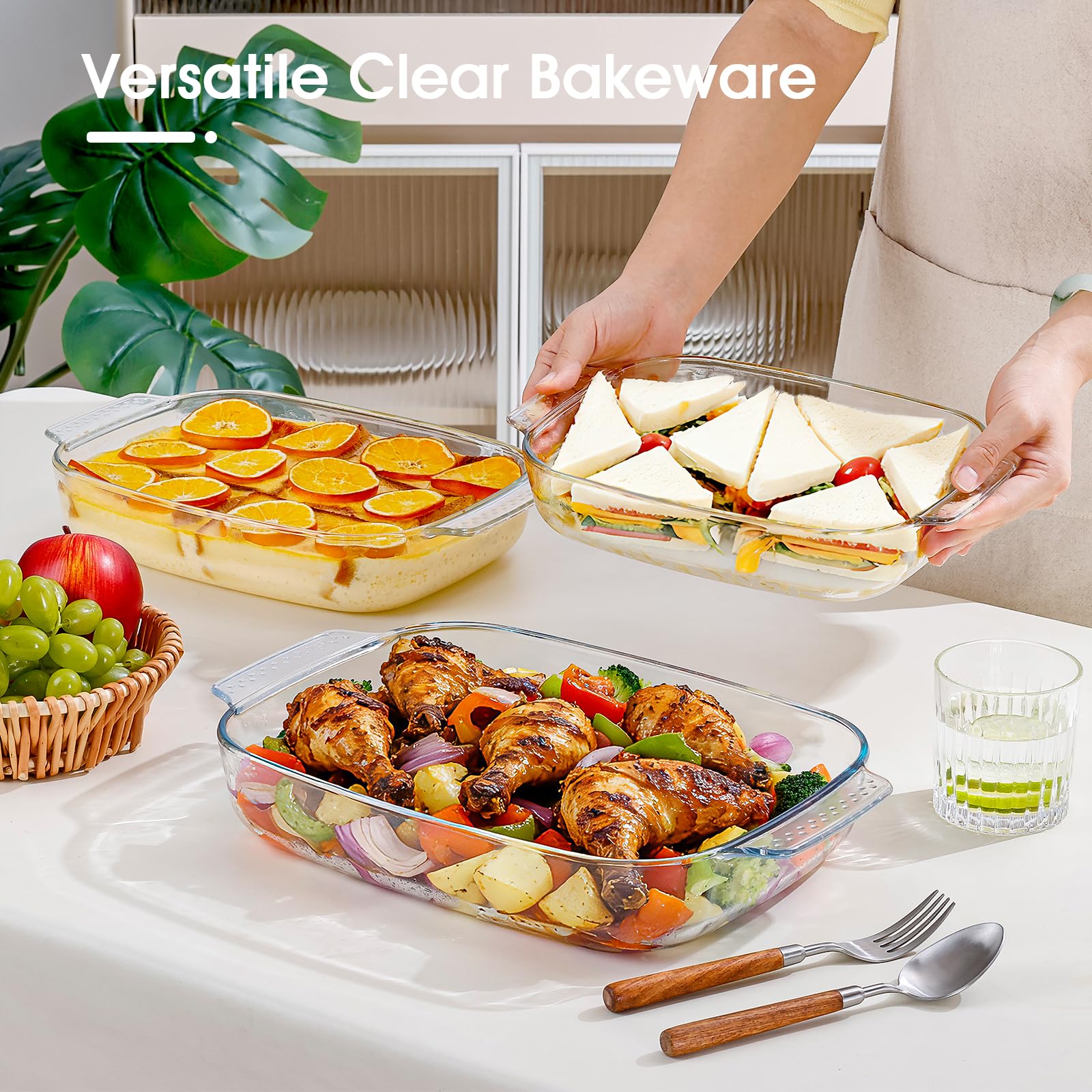 NUTRIUPS Glas-Backformen-Set für den Ofen, rechteckig, Backformen, Set mit 3 Backformen, Glas, Auflaufformen, stapelbar, platzsparend, 1,8 QT + 2,5 QT + 3,1 QT
