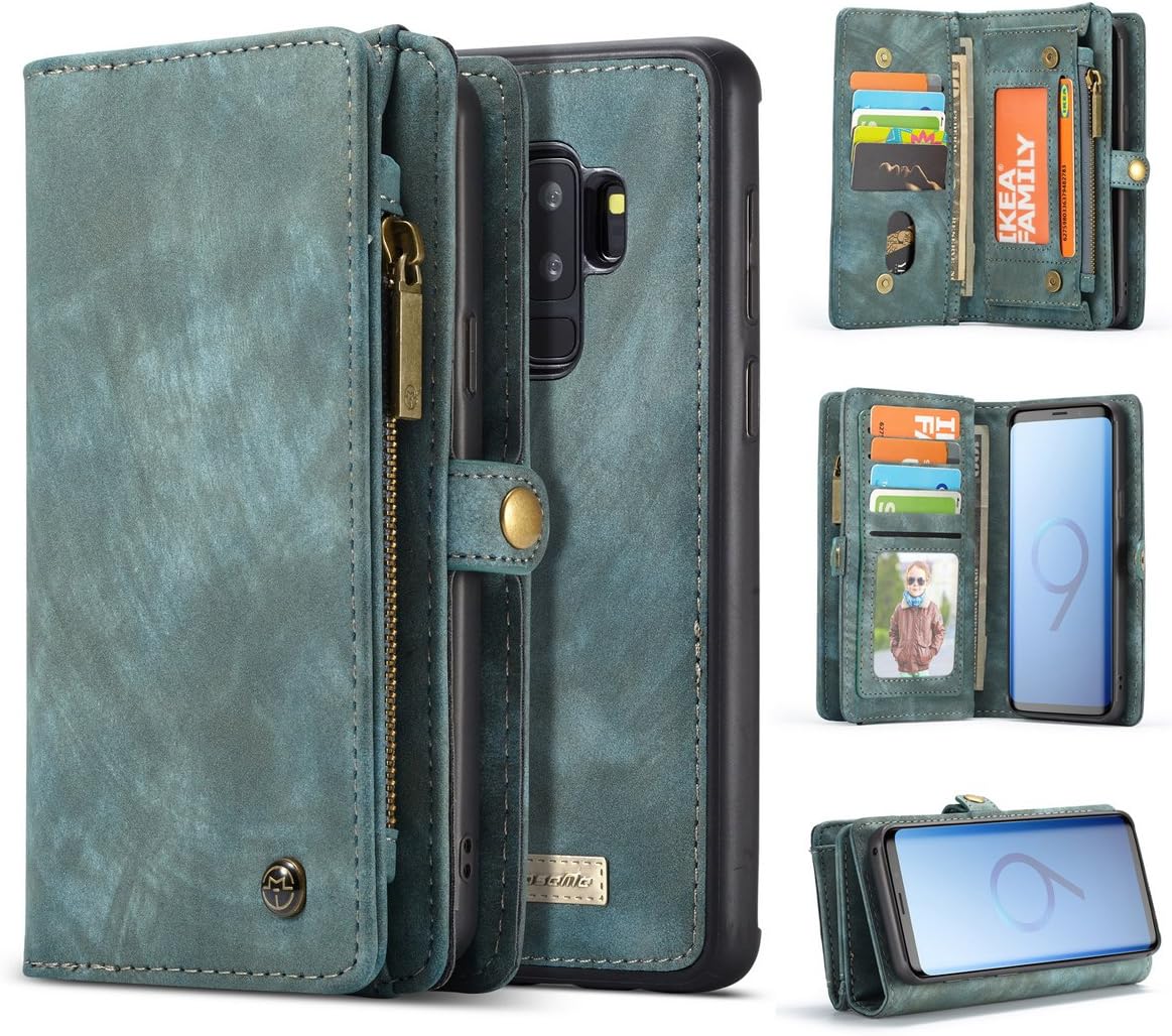 Galaxy S9 Plus Wallet Case,AKHVRS Handmade Premium Cowhide Leather Wallet Case,Zipper Wallet Case [Magnetic Closure]Detachable Magnetic Case & Card Slots for Samsung Galaxy S9 Plus - Blue