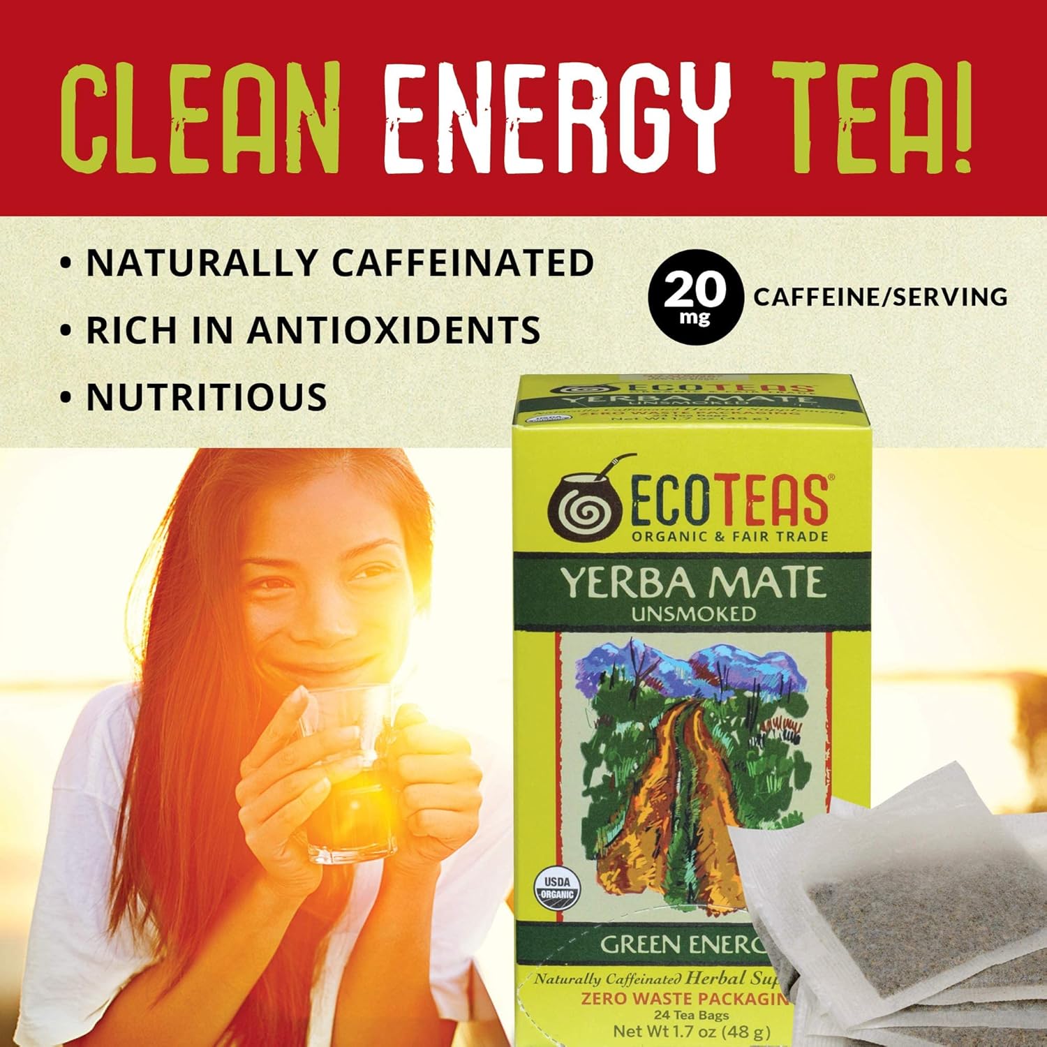 ECOTEAS Organic Unsmoked Yerba Mate Tea Bags - 24 Count, 1.7 Oz - Organic Detox Tea - Hi Caf Tea - Clean Yerba Mate Energy Burst - Ecoteas (2 Pack) - Image 5