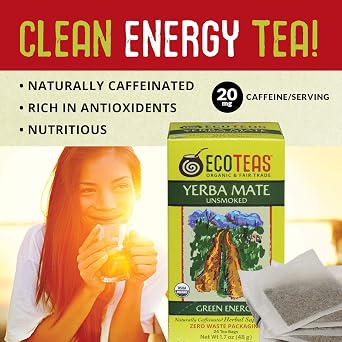 ECOTEAS Organic Yerba Mate Tea Bags Unsmoked 20mg Caffeine 24 Count 2 Pack | Organic unsmoked pack of 2 48 servings, 20 mg natural caffeine, USDA certified non-GMO kosher, low acid no crash