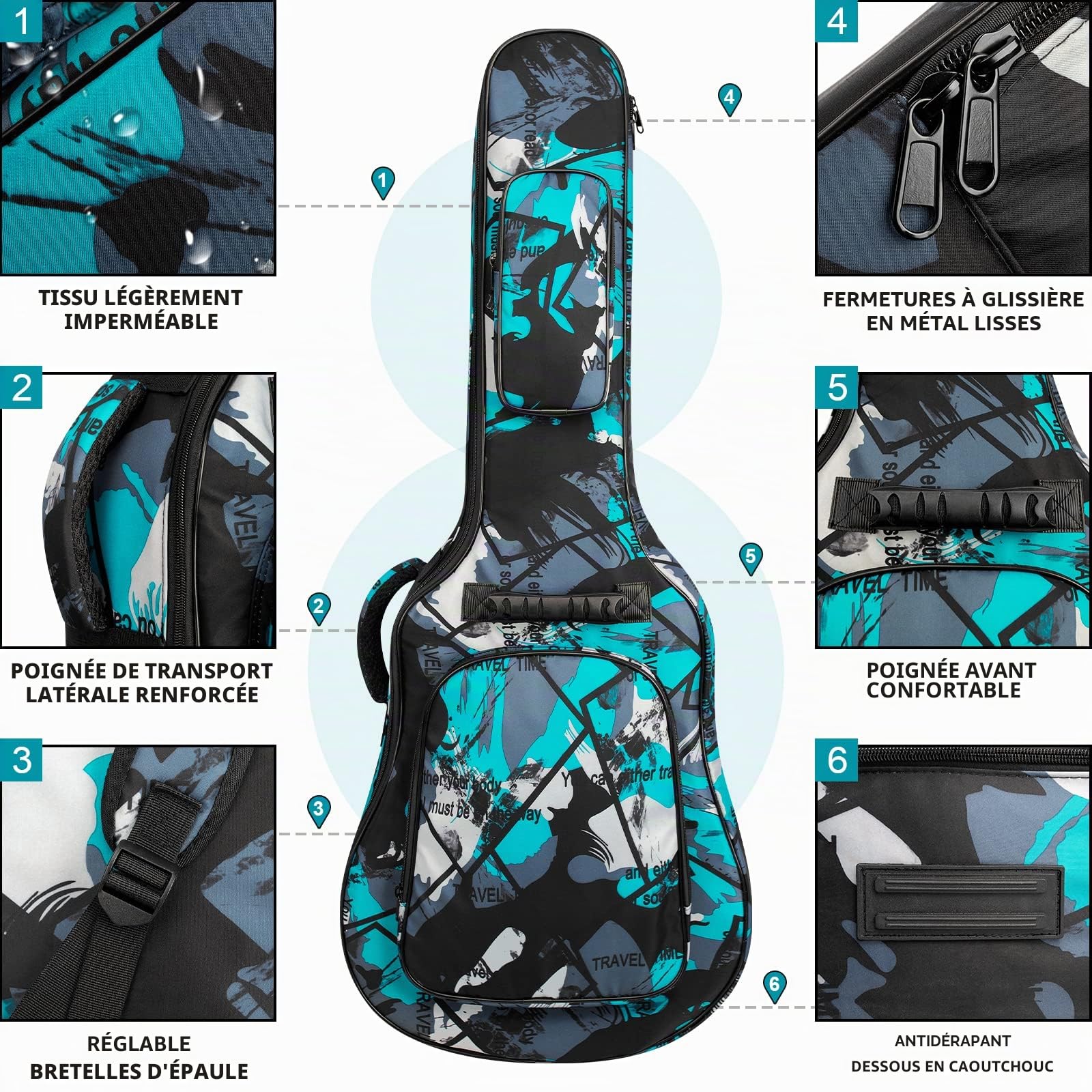 Housse de guitare acoustique taille complète, housse rembourrée de 15 mm d'épaisseur, étanche, avec deux poches, bandoulière réglable, sangle de protection du cou, Vert., Simplicité élégante