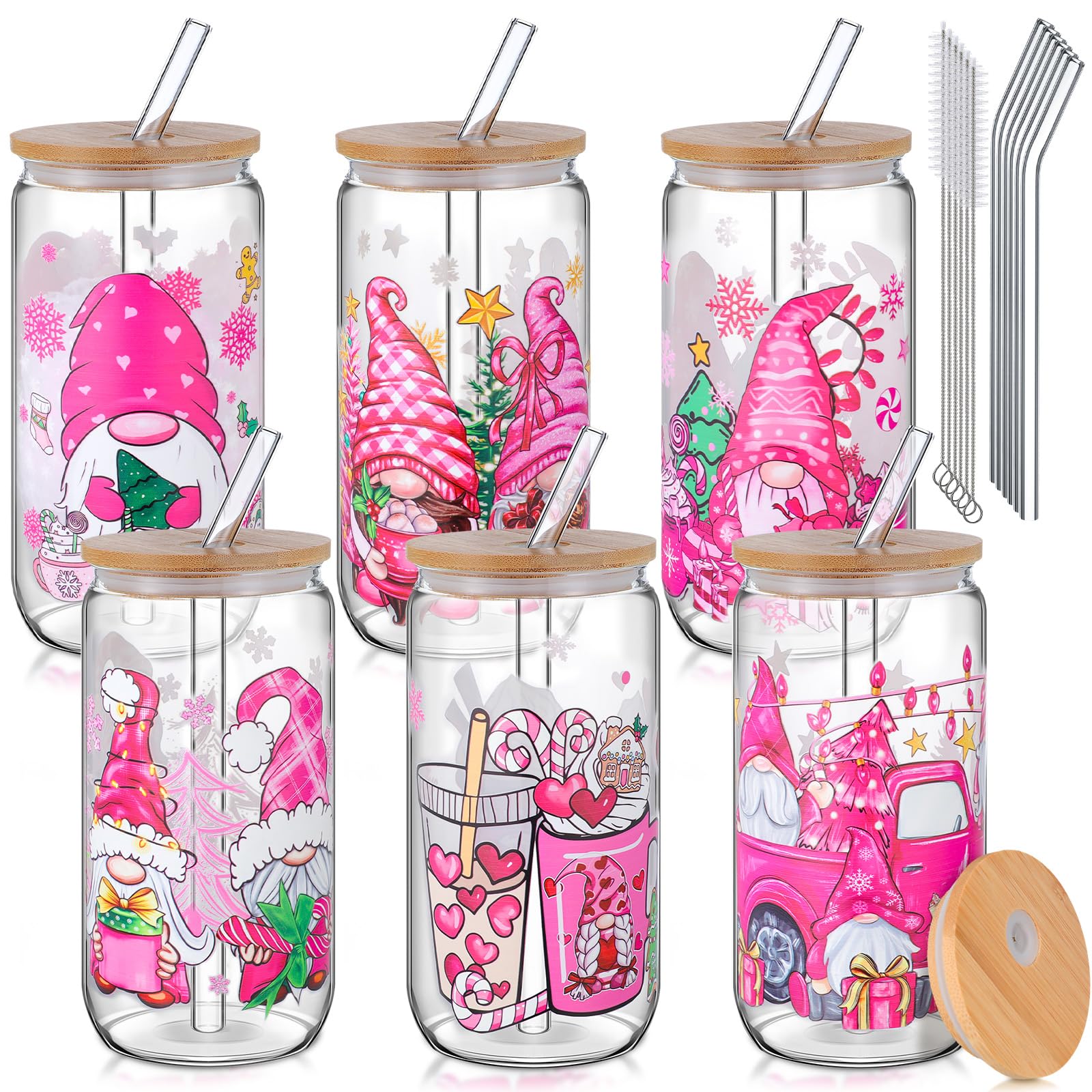 Uiifan 6 Pack Christmas Gnome Glass Cups Christmas Gnome Gifts Thank You Presents with Lids and Straws 16oz Drinking Drinkware Glasses Coffee Mug
