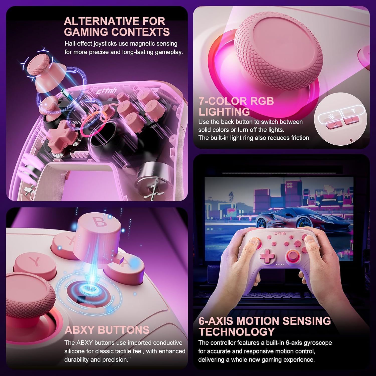 linhugame Wireless Controller For Switch,Compatible with switch 2/switch/lite/OLED/steam/PC, Hall Effect joysticks,6-Axis Gyro,Turbo,1000mAh Battery, Programmable Back Buttons(pink) - Image 3