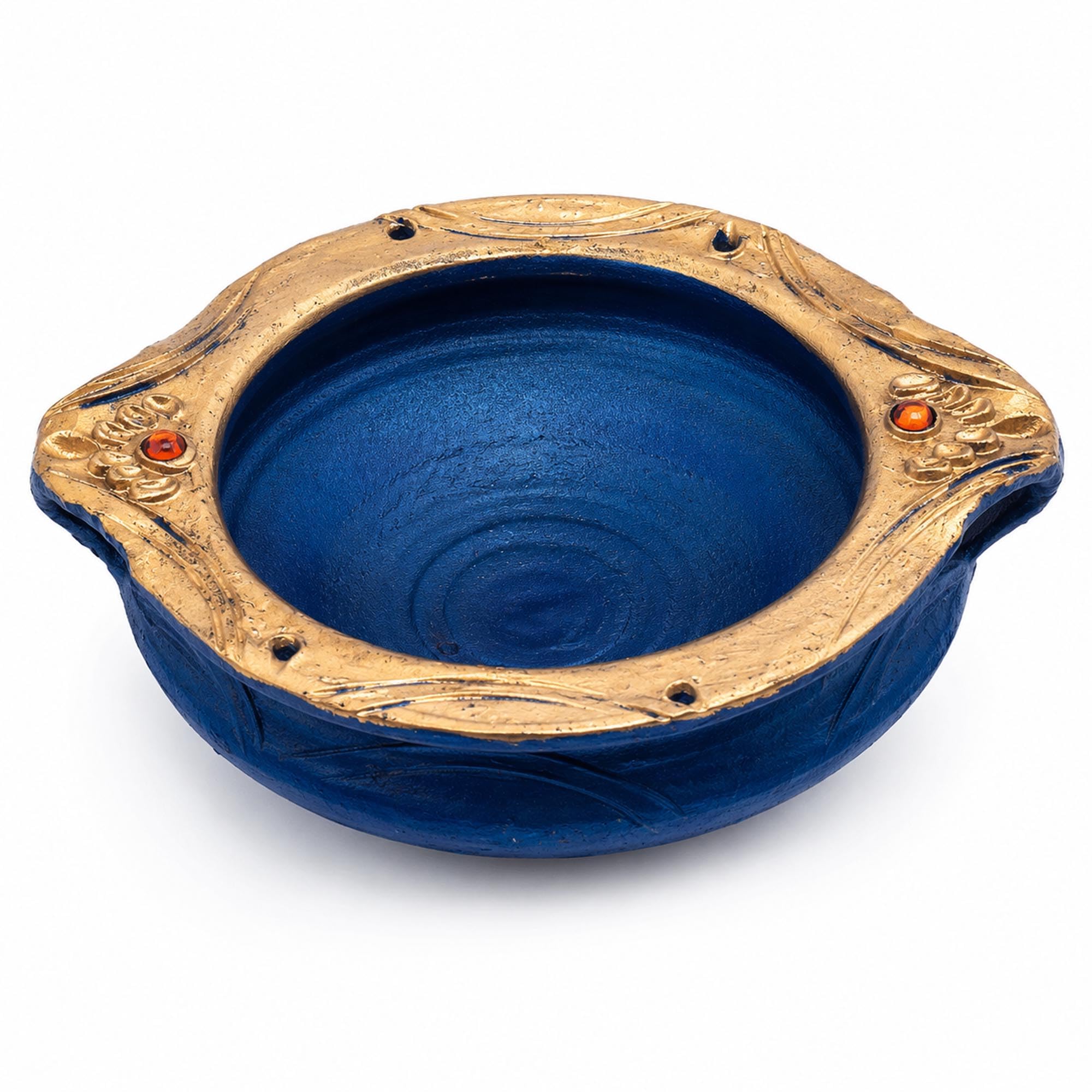 Karthika Heritage Decor Handmade Terracotta Uruli Bowl, Blue and Gold, 10 Inches, for Floating Flowers & Festive Display-image-9