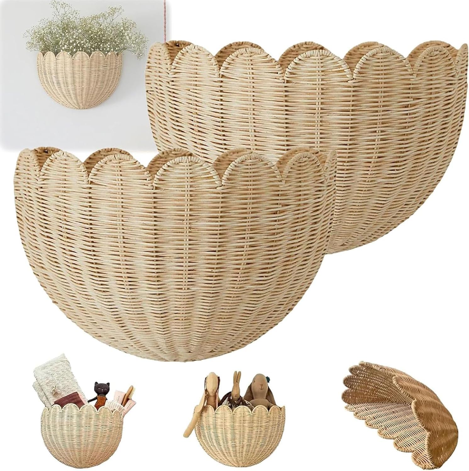 Panier mural en rotin tressé - Style bohème - Panier de rangement décoratif pour salon, cuisine, chambre d'enfant, salle de bain, chambre à coucher, couloir - Grand x 2