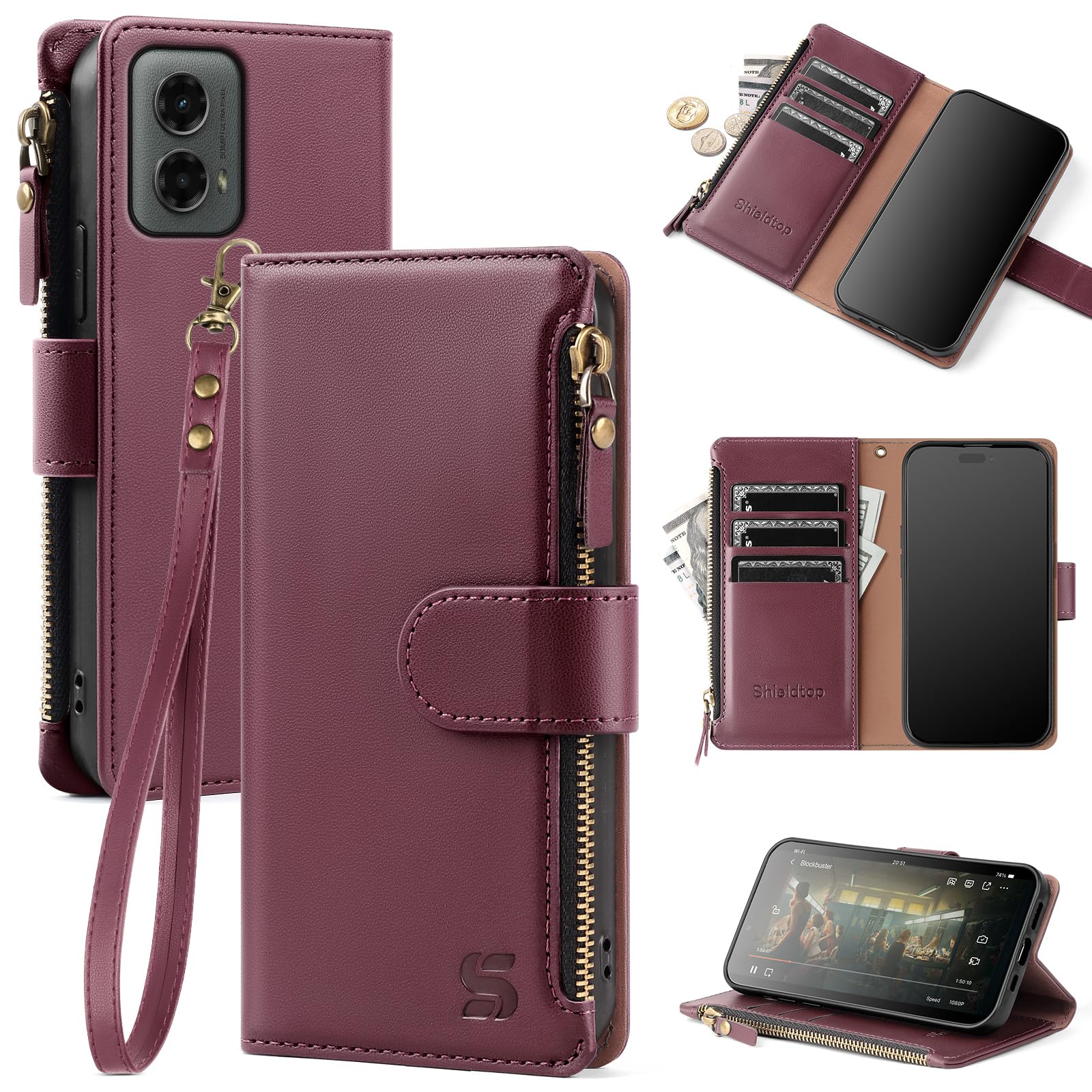 Shieldtop Compatible with Motorola Moto G 5G 2024 Wallet Case with Card Holder,Women Men RFID Blocking PU Leather Flip Cover Wrist Strap Zipper Credit