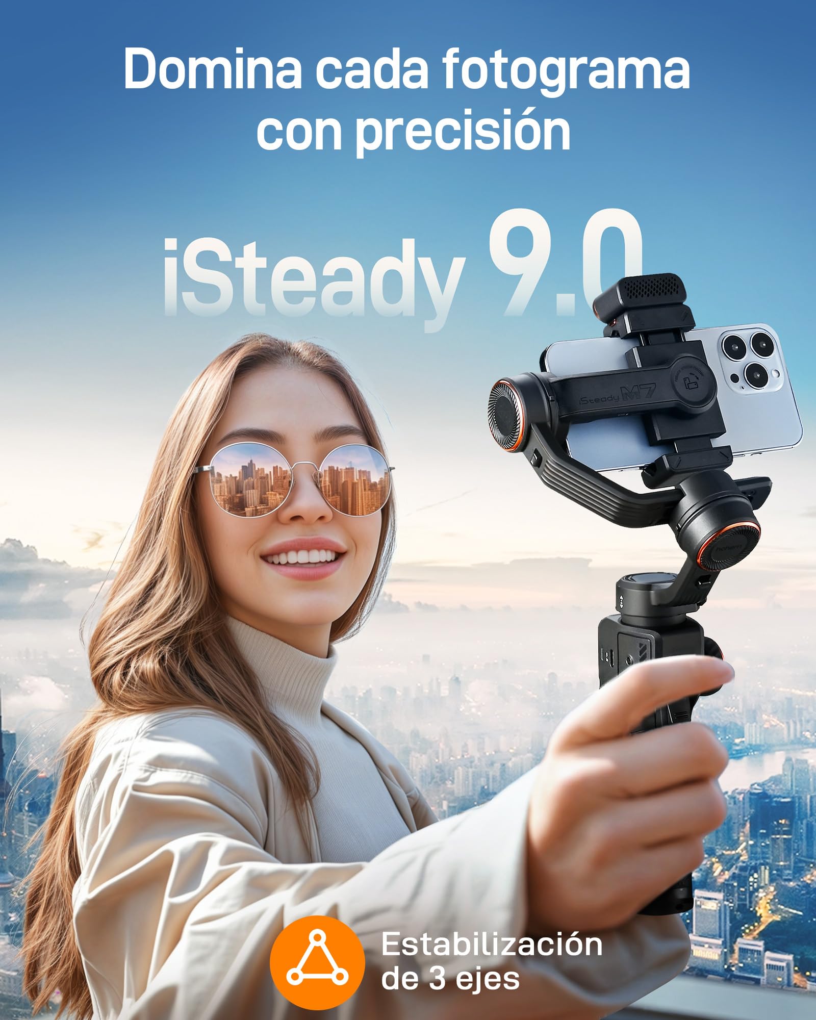 hohem iSteady M7 Gimbal Smartphone, Estabilizador de Cardán para teléfono con Seguimiento AI, Control Remoto táctil Desmontable 1,4", Barra Extensible integrada, luz de Relleno, para Video, Youtube