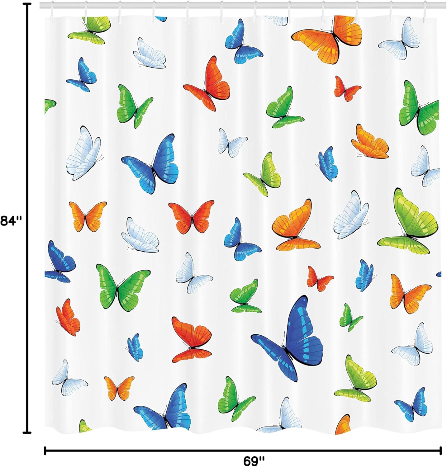 Ambesonne Butterflies Shower Curtain, Butterflies Animal Clipart Ecology Environment Joyful Design Cartoon Tropics, Cloth Fabric Bathroom Decor Set with Hooks, 69" W x 84" L, Multicolor White