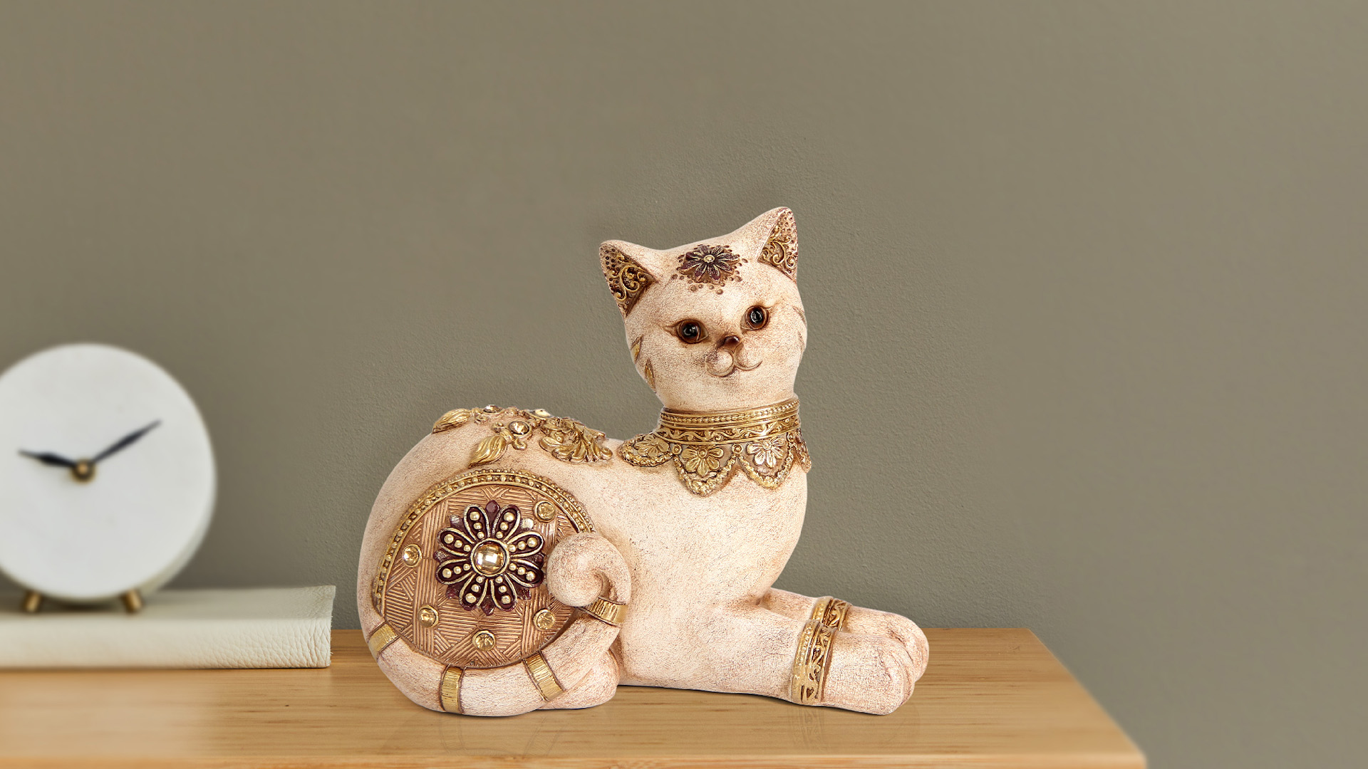 Estatua de gato decorativo en resina beige miniatura 7