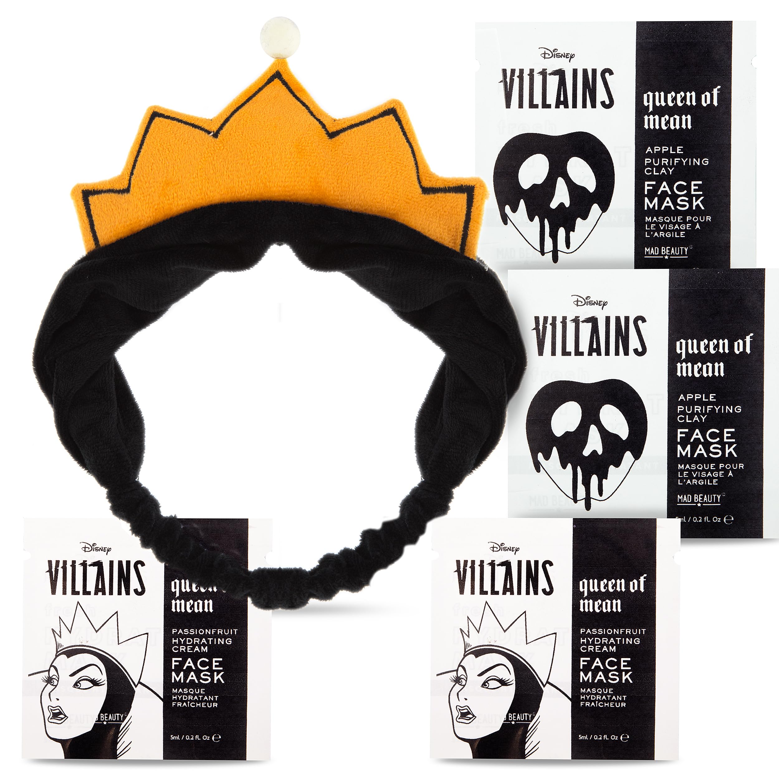 MAD BEAUTY Disney Villains Queen of Mean Headband & 4 Face Masks Set, Achieve Revitalized Skin & Keep Stray Hairs Away, Passionfruit, Apple