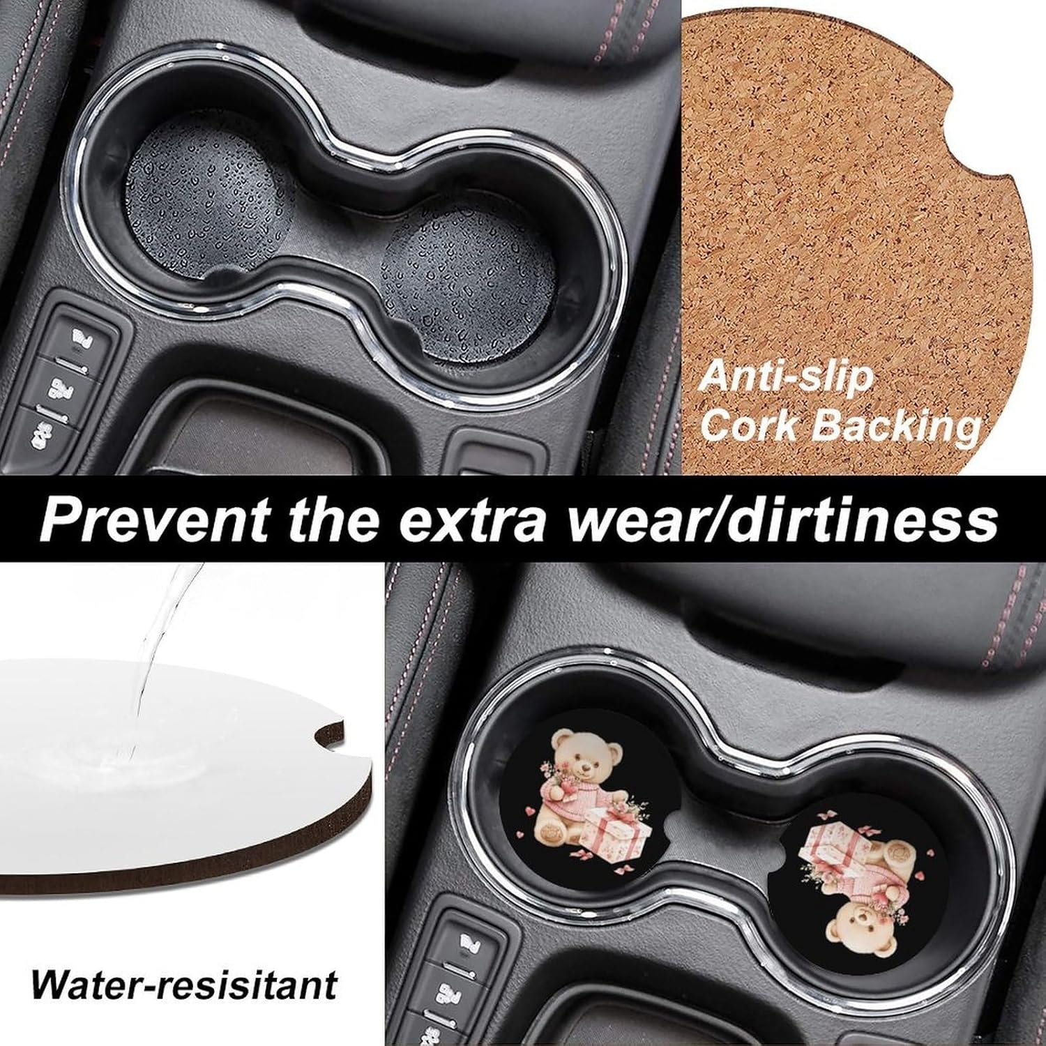 Teddy Bear Valentines Gifts Cute Car Coasters 2.56 Inch Absorbent Cup Holder for Drinks Auto Interior Accessories