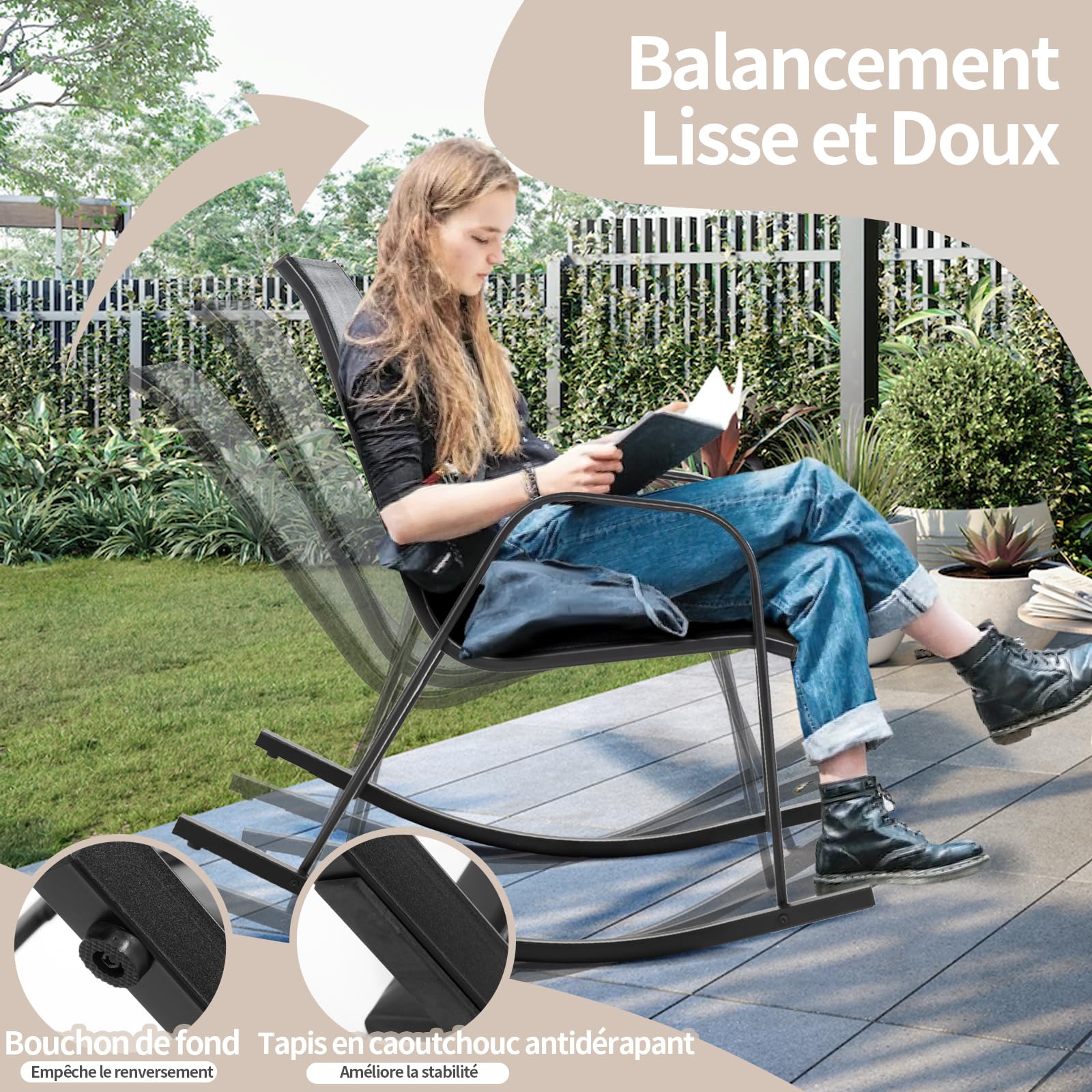 COSTWAY Chaise de Jardin à Bascule Lot de 2, Fauteuil à Bascule avec Accoudoirs, Cadre en Métal, Rocking Chair Ergonomique pour Jardin, Piscine, 91 x 62 x 86 cm (Gris)