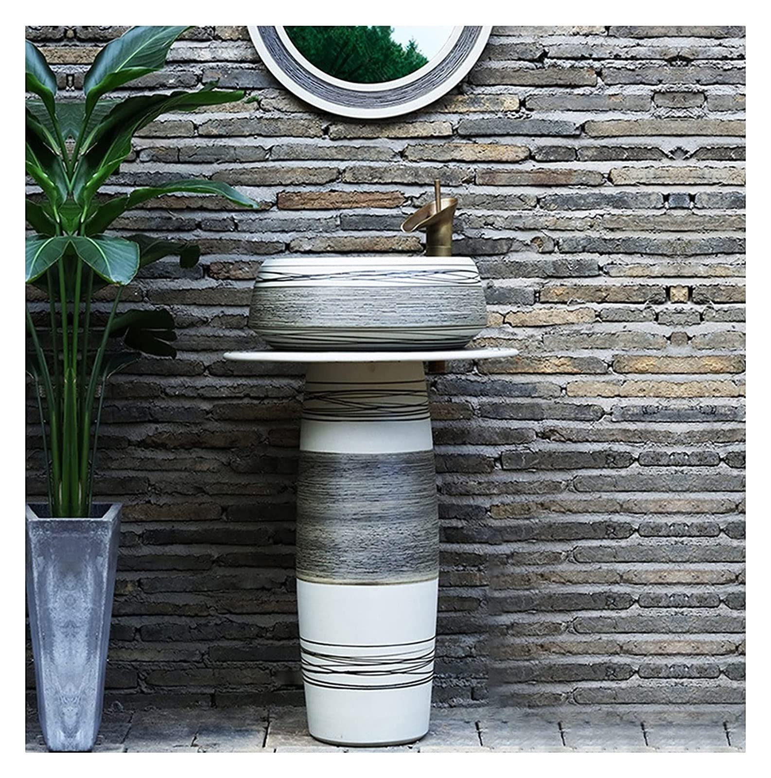 OLSKFUH Freestanding Pedestal Sink Floor Standing Art Sink Oval Bathroom Basin Sink, Pedestal Bathroom Sink Ceramic Basin Sink And Pedestal Lavatory Sink For Indoor And Outdoor,B,I