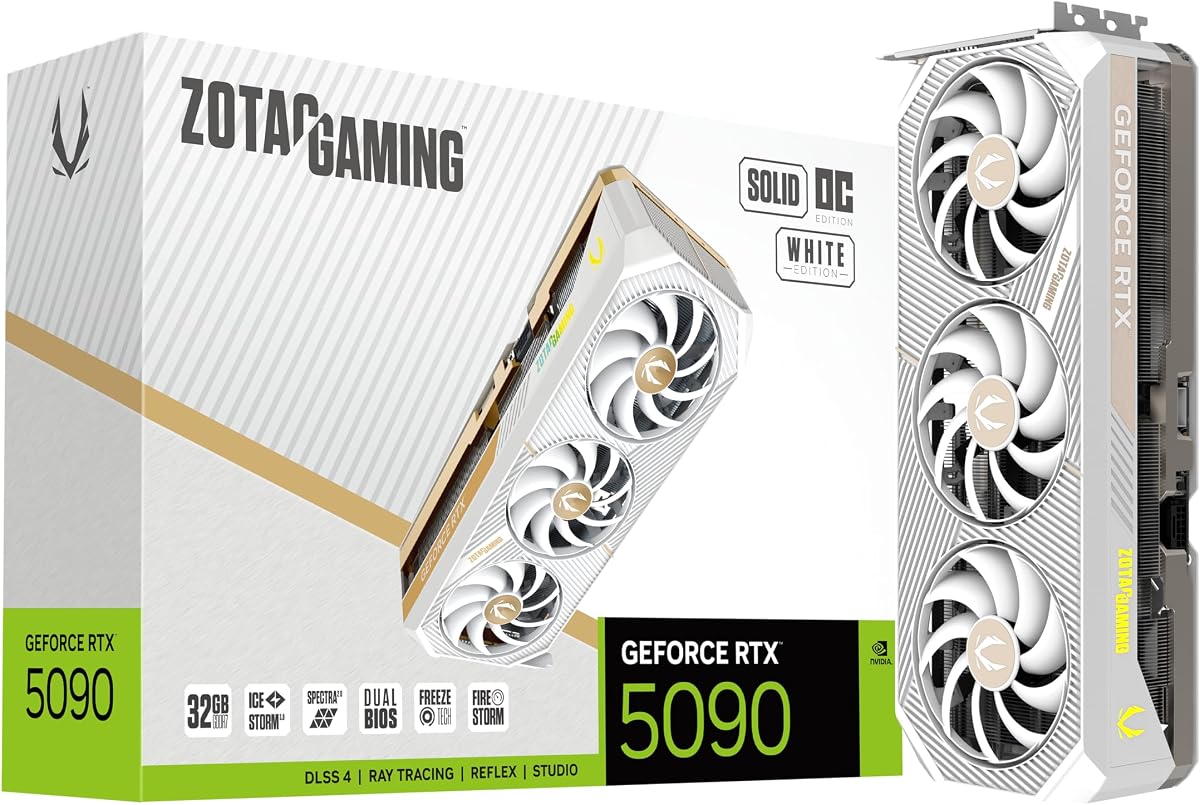 Gaming GeForce RTX 5090 Solid OC White Edition DLSS 4 32GB GDDR7 512-bit 28 Gbps PCIE 5.0 Gaming Graphics Card, IceStorm 3.0 Advanced Cooling, Spectra 2.0 ARGB Lighting, ZT-B50900Q-10P