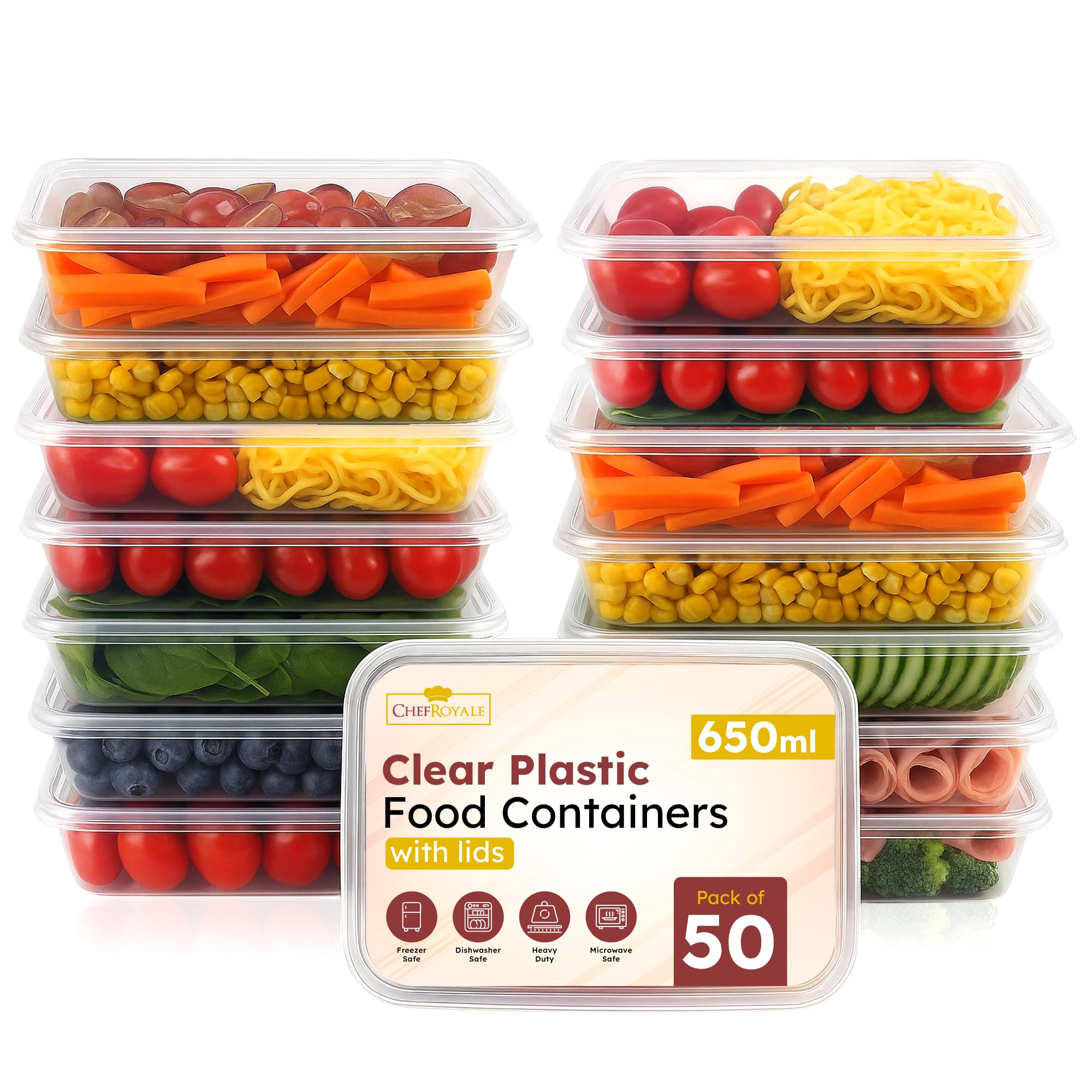 CHEF ROYALE Food Storage Container with Lids 50 x 650ml Plastic Food Prep Takeaway Container with Airtight Lids Microwave, Freezer & Dishwasher Safe Ideal for Takeaway Recyclable (50, 650ml)