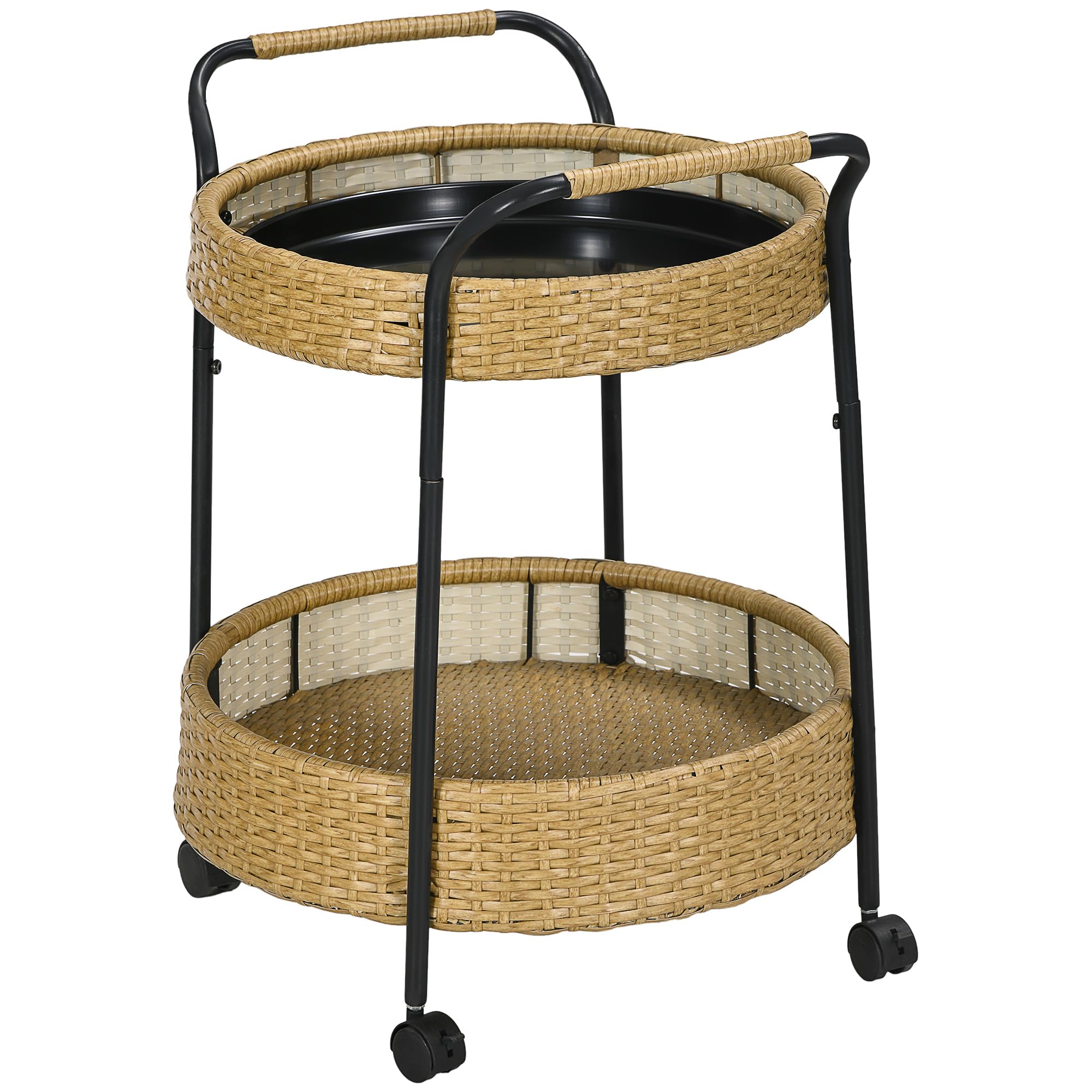Outsunny Servierwagen Rattan Trolley mit 2 Regalen, Runde Küchenwagen, Gartenrollwagen mit Griffen, Outdoor Barwagen für Balkon, Stahlrahmen, Φ50 x 66 cm, Natur