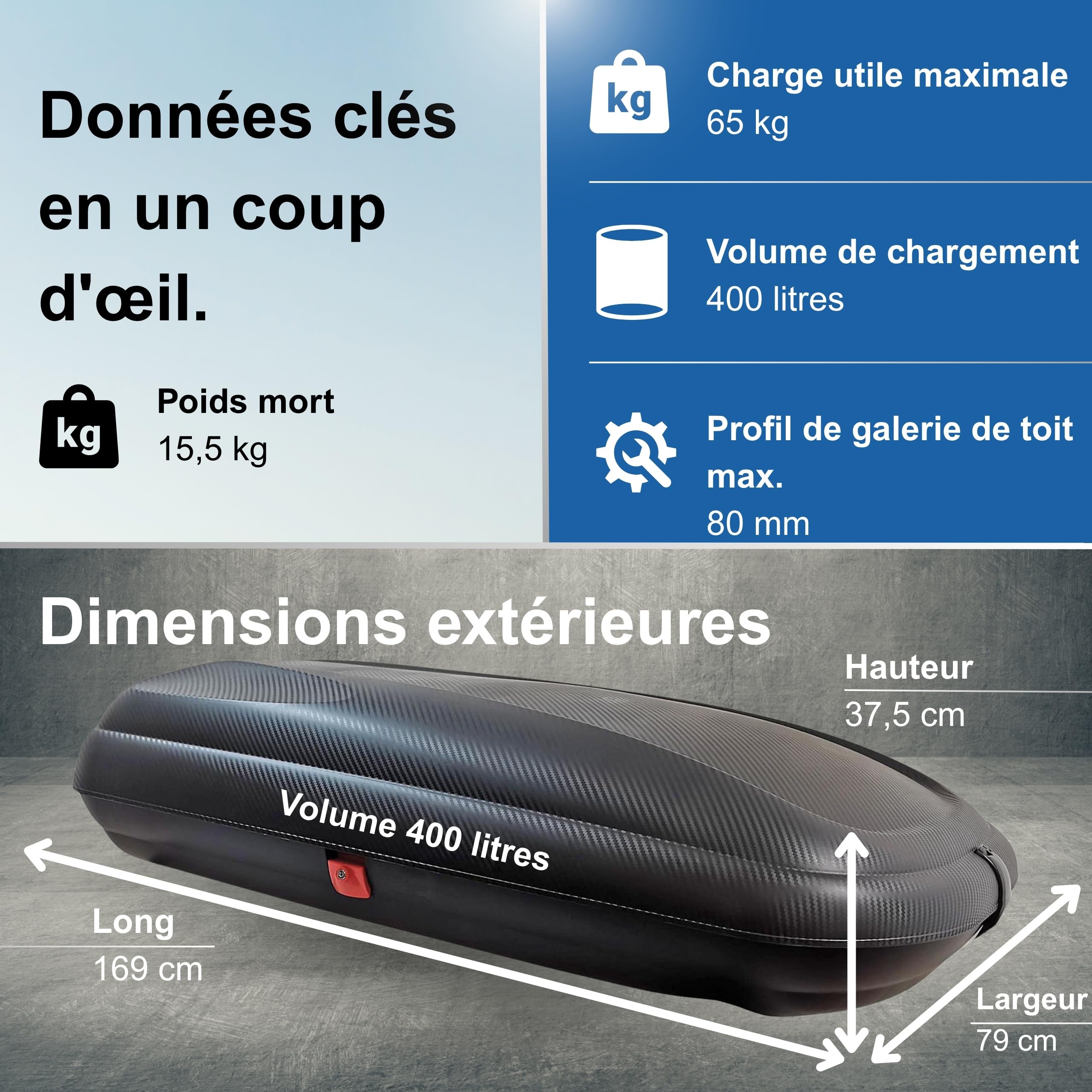 VDP-BA400 Coffre de toit de voiture avec accessoires - Coffre de toit - Aspect carbone - Verrouillage central verrouillable - Universel pour voiture van SUV 400L