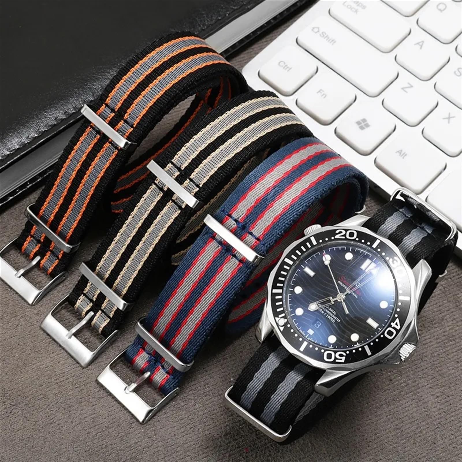 Hochdichtes Nylon-Canvas-Armband, 20 mm, für NATO-Band, 304 Edelstahlschnalle, Herren-Ersatzarmband, Uhrenzubehör für Omega (21 mm, Schwarz-Grau-Silber)