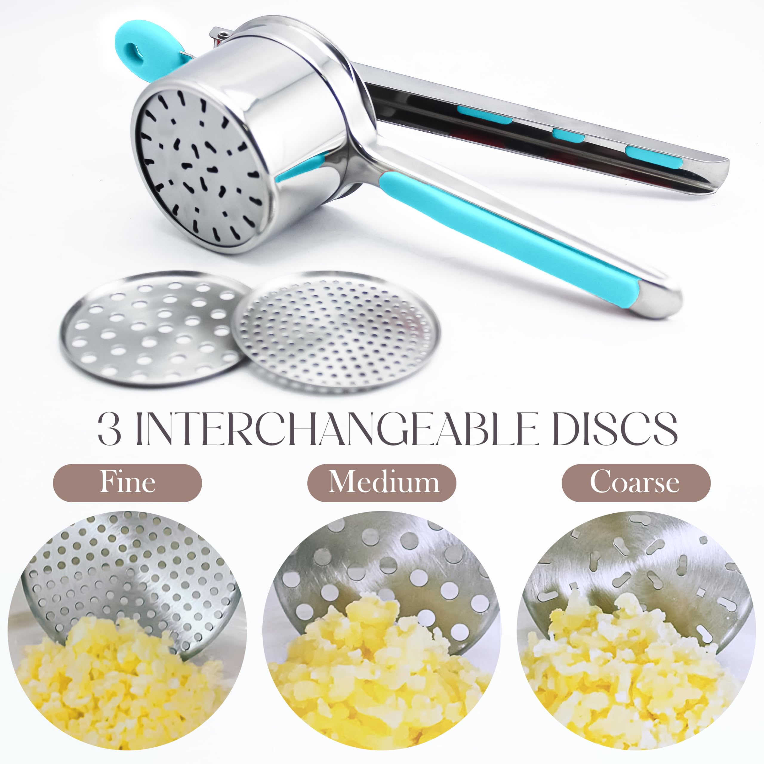 Bellemain Prensador de patatas de 15 onzas con 3 discos intercambiables para puré de patatas, acero inoxidable, triturador de batatas, herramienta de cocina, prensa para hacer Spaetzle, lote Khuon