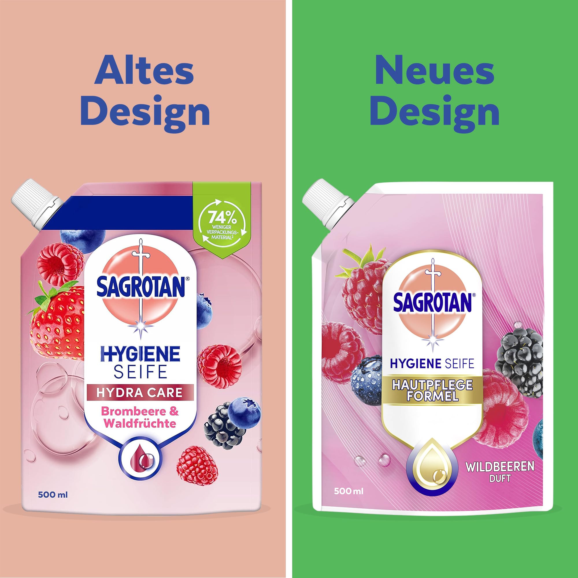 Sagrotan Handseife Nachfüller Brombeere und Waldfrüchte – Feuchtigkeitsspendend und stark gegen Bakterien – 6 x 500 ml Handseife