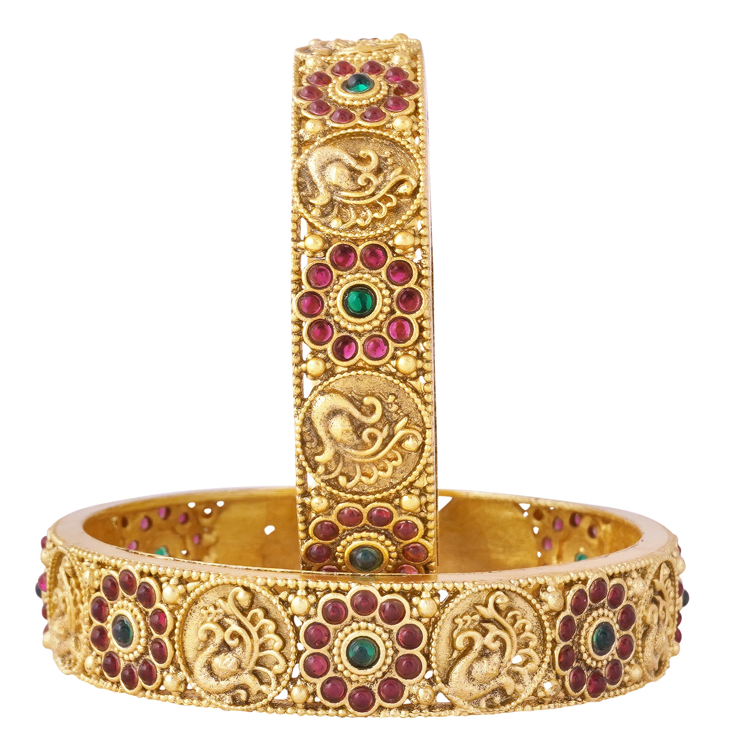 Mansiyaorange Two South Indian Peacock Theme Red Green Polki Kempu Stone Matte Gold Plated Bangles/Bangdi/Chudi for Women(3.0) (B0CD646PXQ) Amazon Price History, Amazon Price Tracker