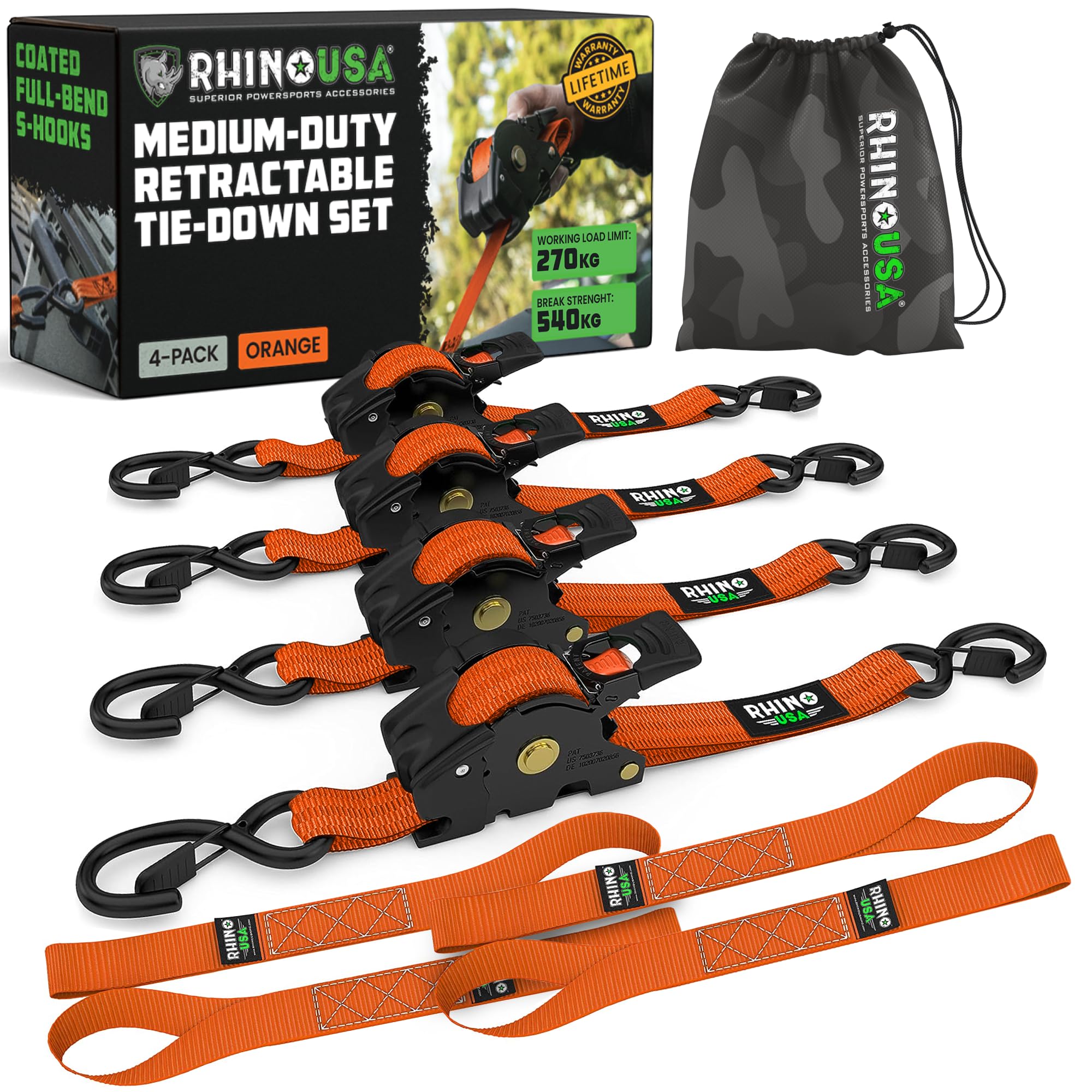 Einziehbare Spanngurte mit Ratsche (4-Pack) 540 kg garantieren maximale Bruchfestigkeit, inklusive (4) ultimativen 2.5 cm x 3 m großen, automatisch einziehbaren Gurten mit gepolsterten Griffen Orange