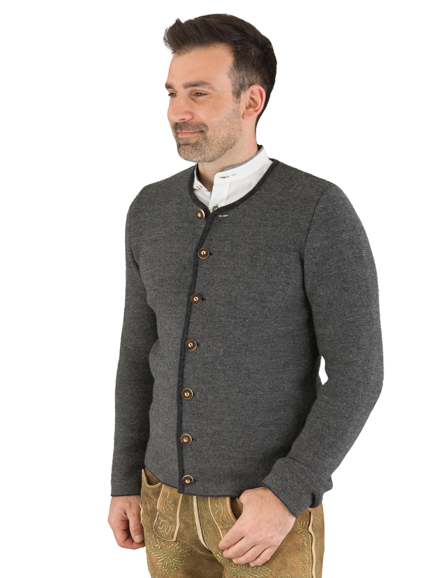 Hammerschmid Trachtenjacke Simon für Männer, Elegante Herrenstrickweste für Hochzeit, Taufe, Oktoberfest, Warmer Janker aus Schurwolle, Festliche Joppe in grau