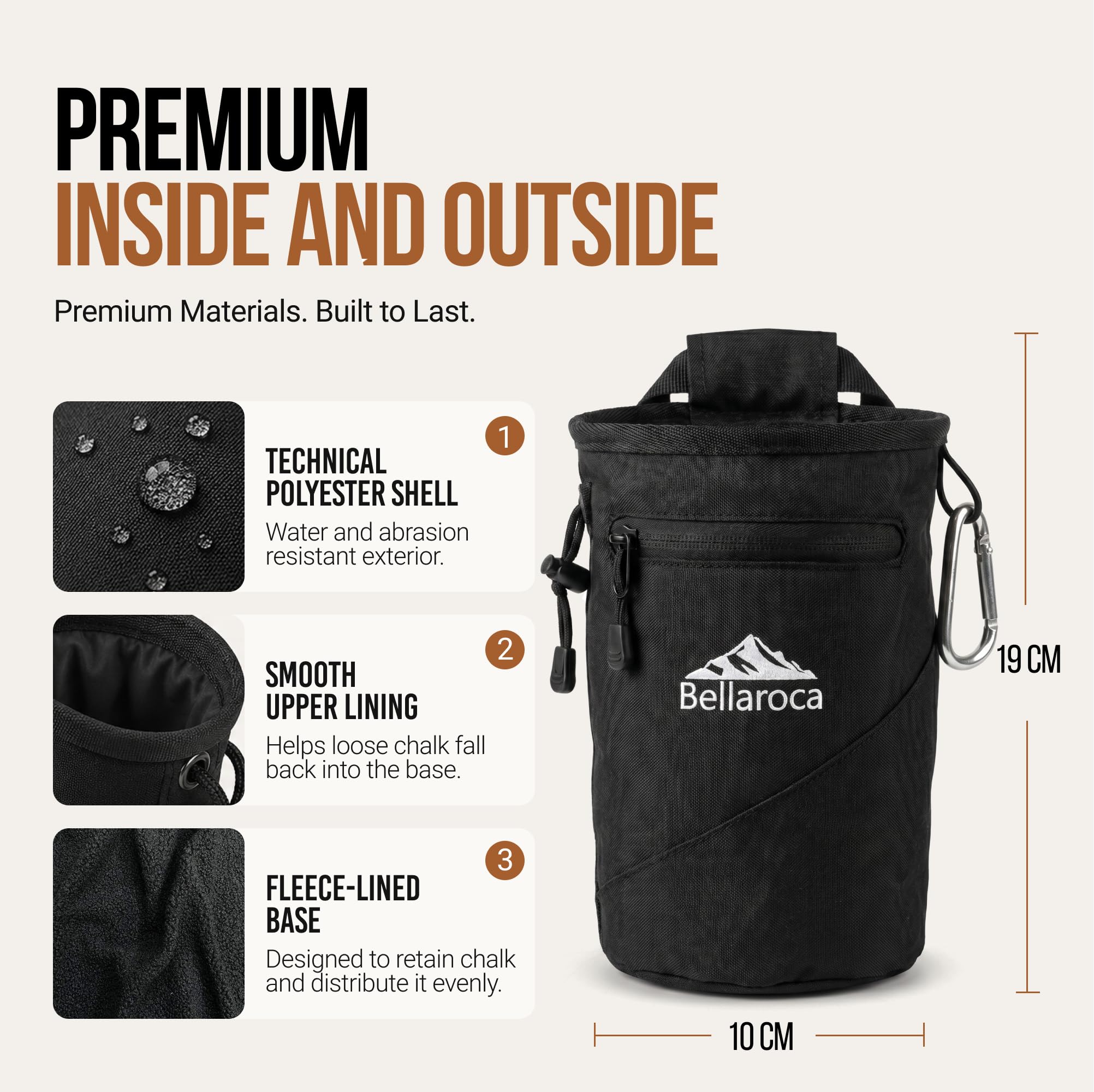 BELLAROCA® | Borsa per Magnesite da Arrampicata | Sacca Magnesite Impermeabile e Resistente all'Abrasione con 2 Tasche Grandi e Moschettone – Chalk Bag per Boulder, Palestra e Outdoor