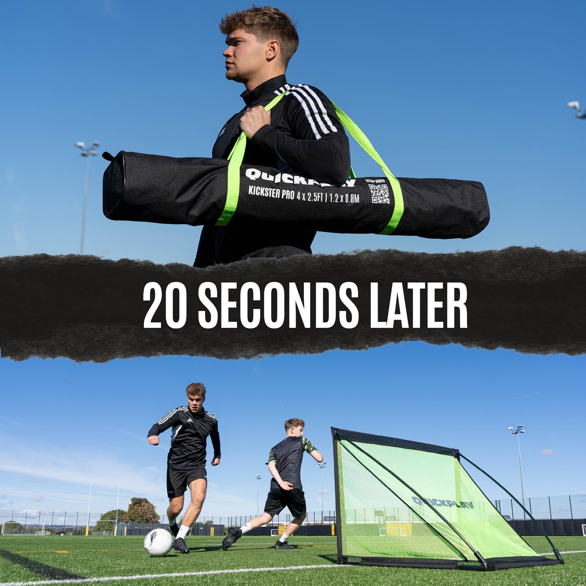 The QUICKPLAY Kickster Pro football goal is shown folded for transport, highlighting its compact 4ft pack size.