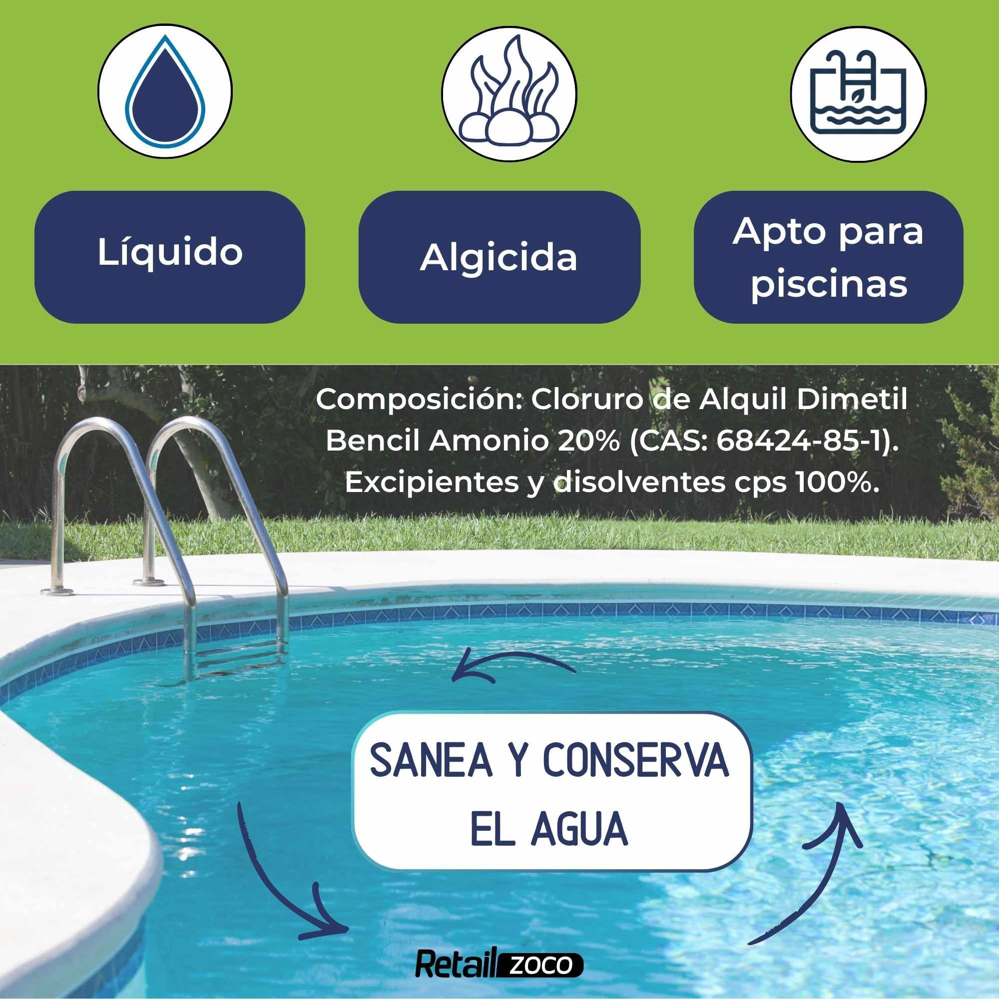Algicida Larga Duración, biocida Especial Piscinas, alguicida, bactericida y fungicida no espumante, antialgas preventivo, Fabricado en España, Forma Liquido, Contiene 5 litros