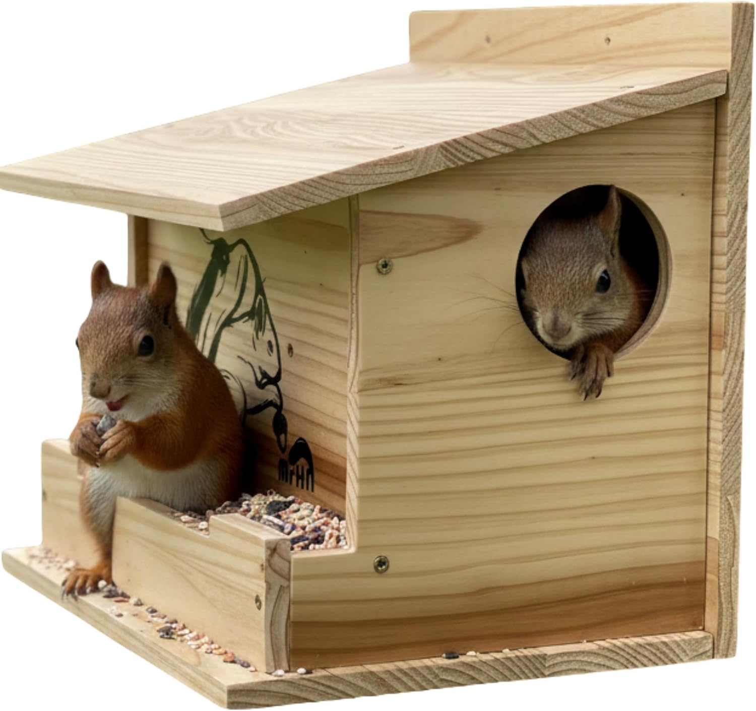 MrHN Front Feeder Squirrel House - Squirrel Houses for Outside Nesting, Squirrel Nesting Box, Squirrel Boxes for Outside, Chipmunk Houses MrHN Front Feeder