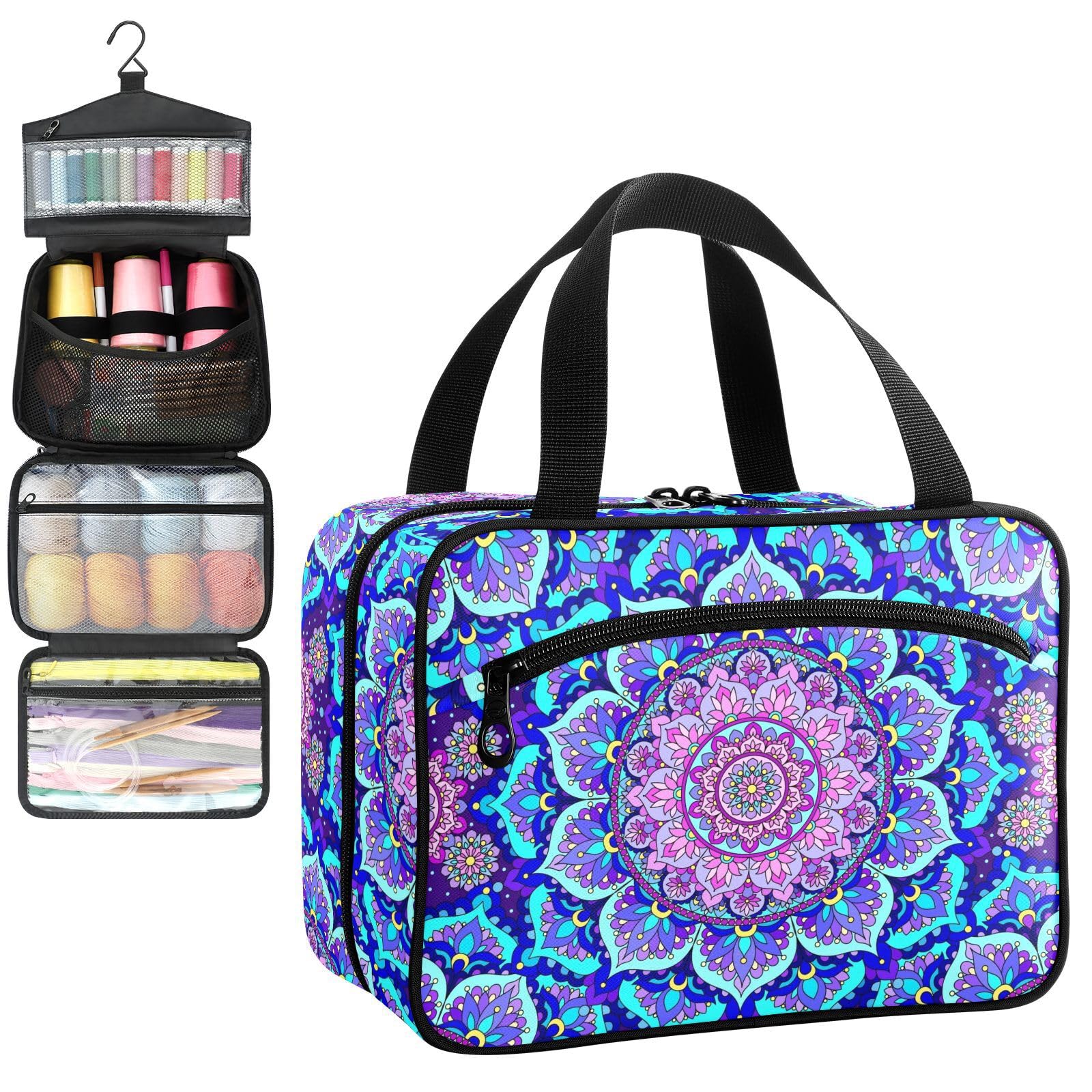 YNNALE Sewing Supply Organizer Bag, Purple Mandala Floral Portable Sewing Bags with Pockets&Hanger, Sewing Storage Box Case for Sew Supplies/Kit/Tools/Accessories (BAG ONLY)