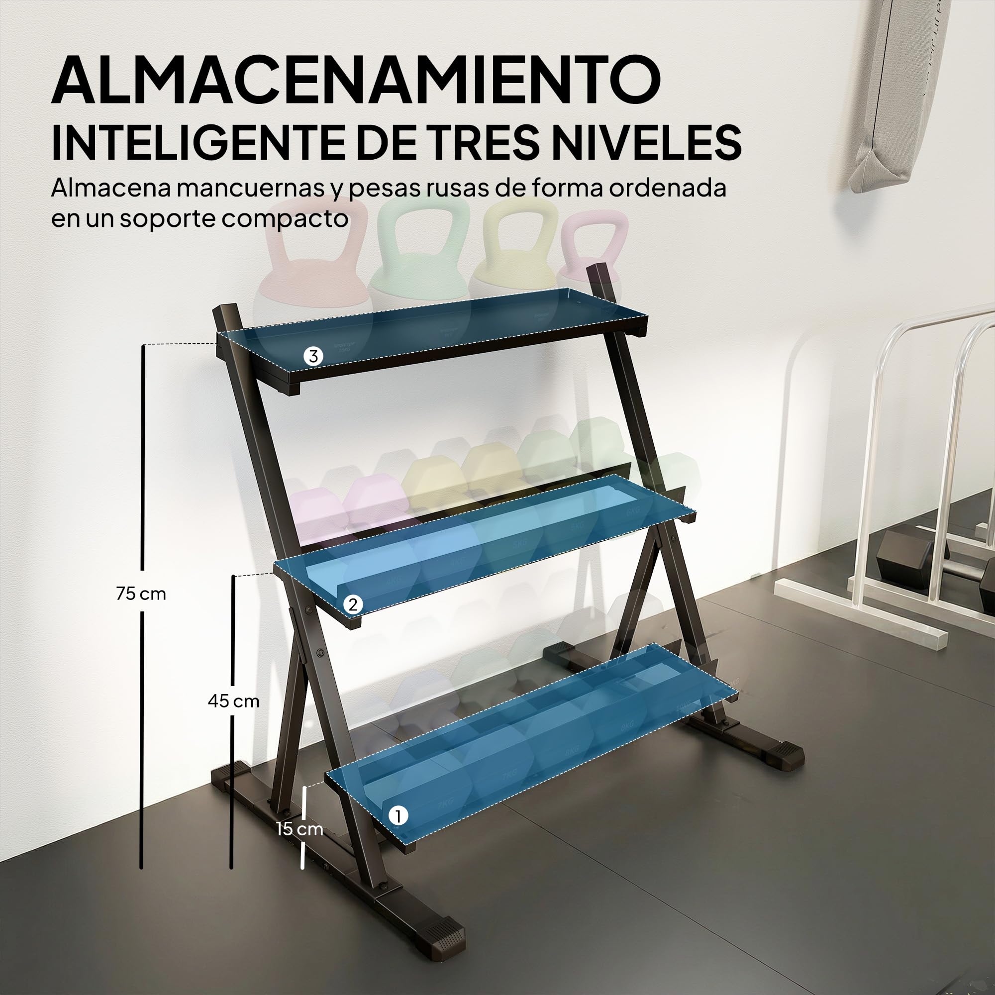 SPORTNOW Soporte Mancuernas de 3 Niveles con Barras Ajustables 88x66x88 cm