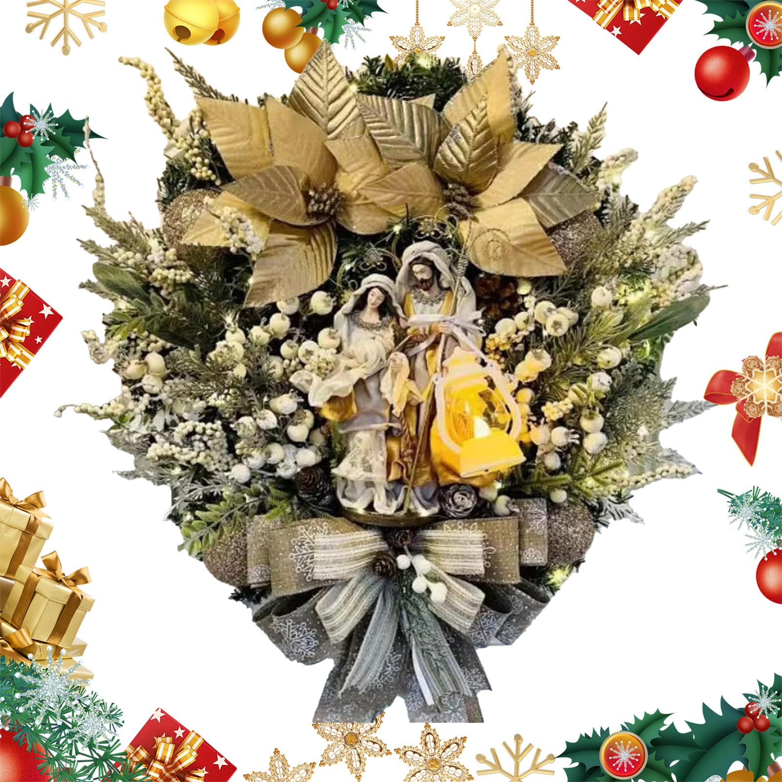 Couronne De Noël pour Porte Décoration De Couronne Lumineuse De Fête | Ornement De Fenêtre De Fête Pour Extérieur Intérieur Cheminée Manteau Porche Fenêtre Porte Table Soirée Noël