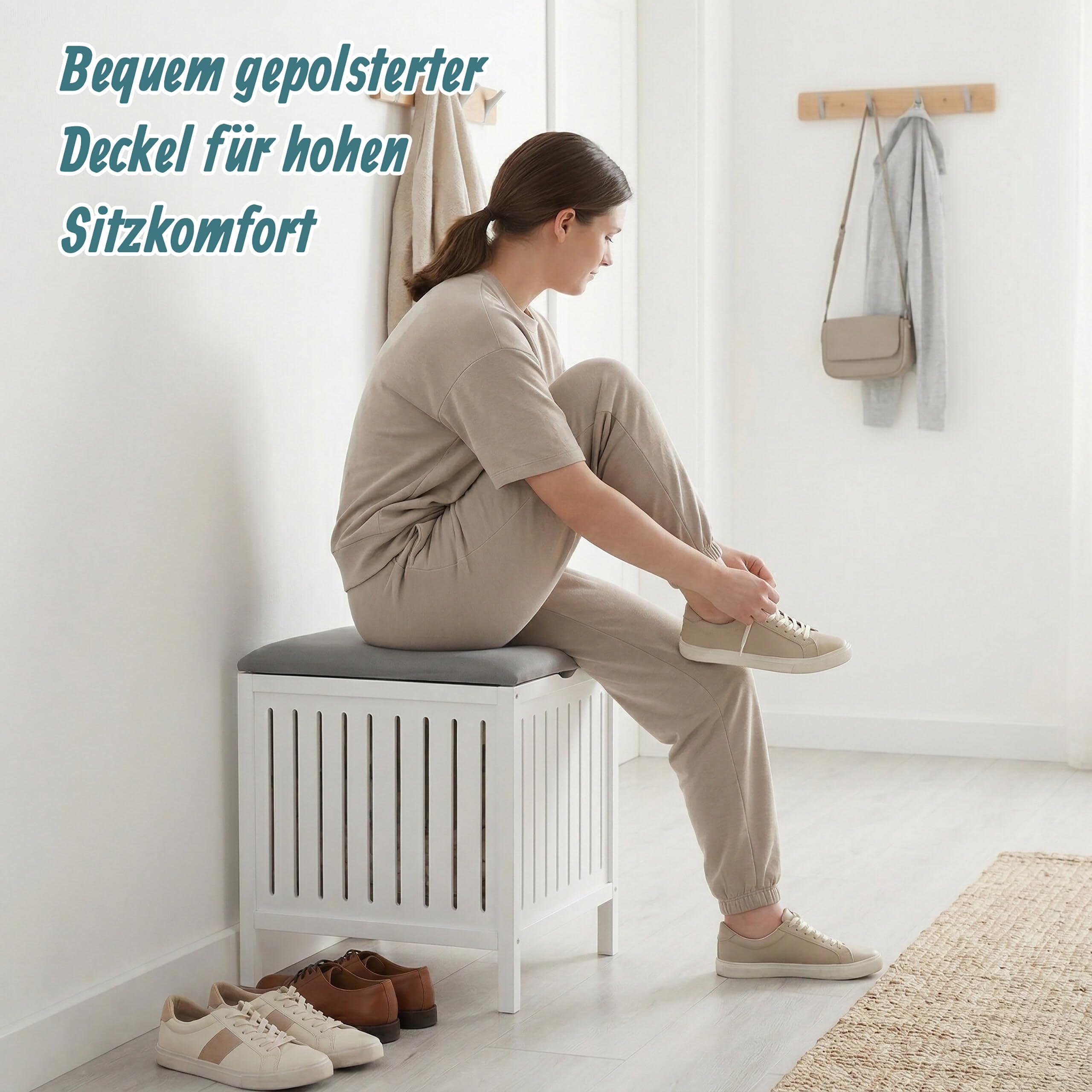 Relaxdays Wäschekorb zum Sitzen, Walnuss, gepolsterter Deckel, HxBxT: 51 x 38 x 38 cm, Badhocker mit Stauraum, weiß/grau