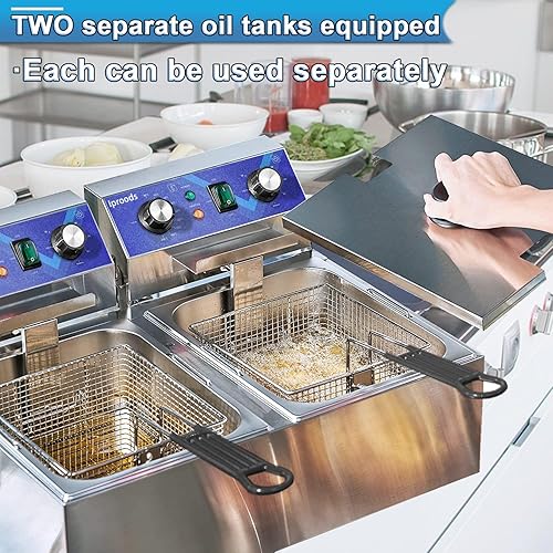 Miniatura 3 de Iproods Freidora eléctrica con cesta y tapa, freidora de cocina de acero inoxidable para uso comercial y hogar, con temperatura y tiempo ajustables,