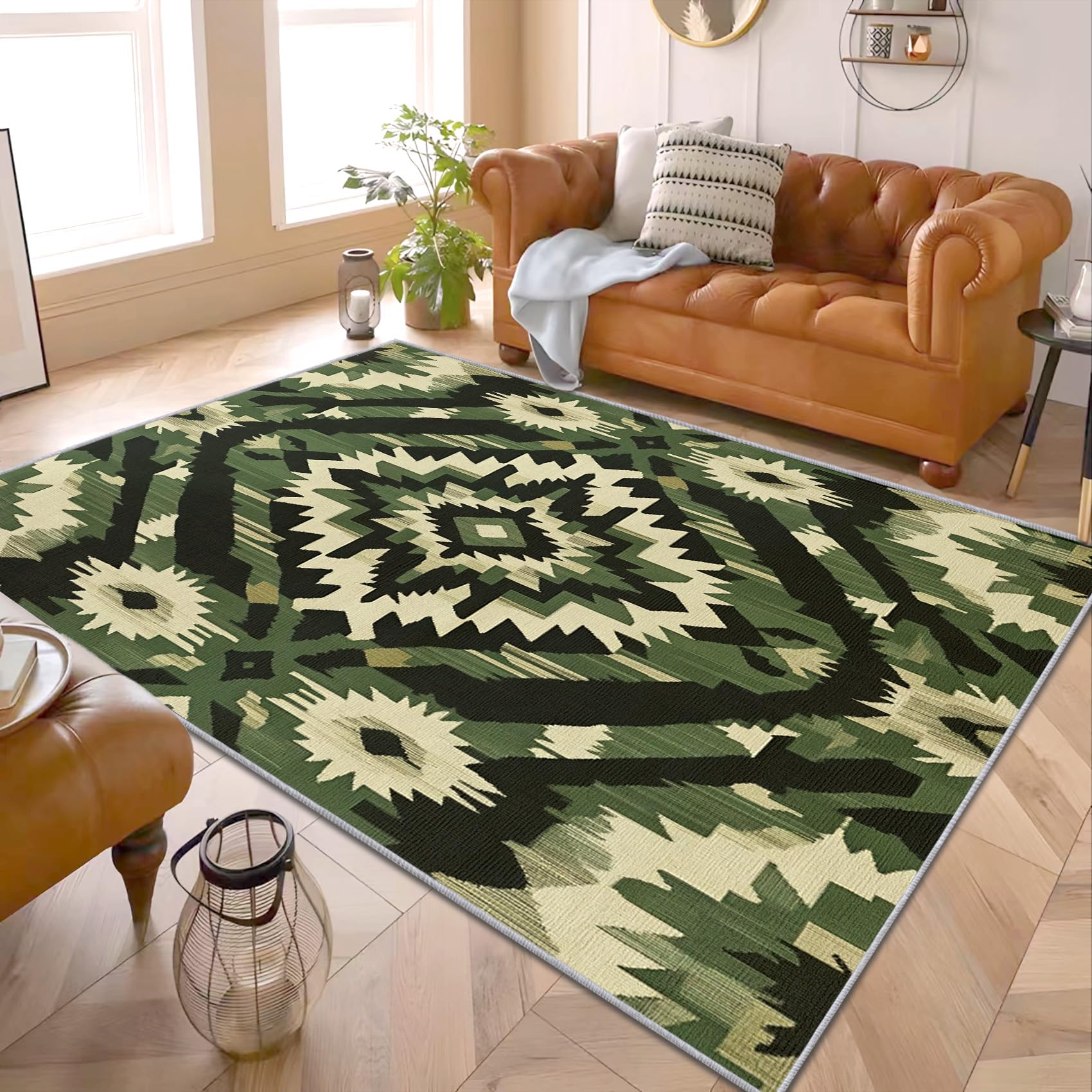Southwestern Area Rug - Green Aztec Rug, Native American Tribal Rugs for Living Room Bedroom, Washable Non Slip Soft Large Carpet, Patterned Area Rugs & Home Decor 160x230 cm
