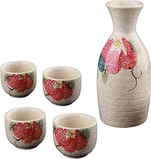 LakeTian 5 pieces Ceramic Japanese Sake Set, Hand Painted Color Cherry 樱花