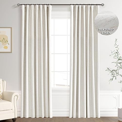 Joywell Cortinas 100% opacas de lino crema de 84 pulgadas de largo, bolsillo para barrapestaña trasera, cinturón de ganchoanillos de clip, cortinas