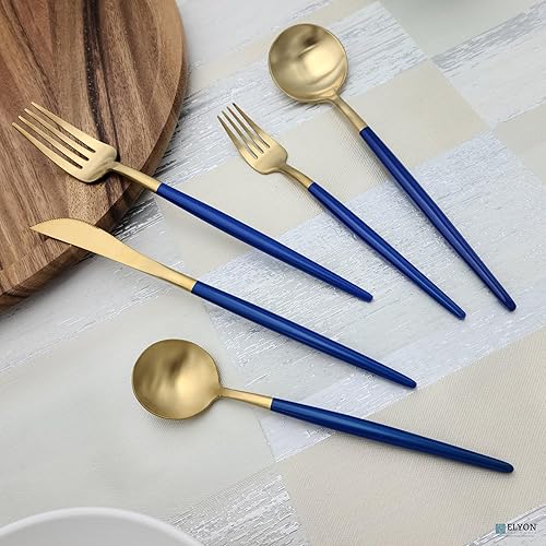 Miniatura 5 de Elyon Tableware Juego de cubiertos de 20 piezas, color dorado mateazul, acero inoxidable 1810, juego de cubiertos azules con asas finas, servicio