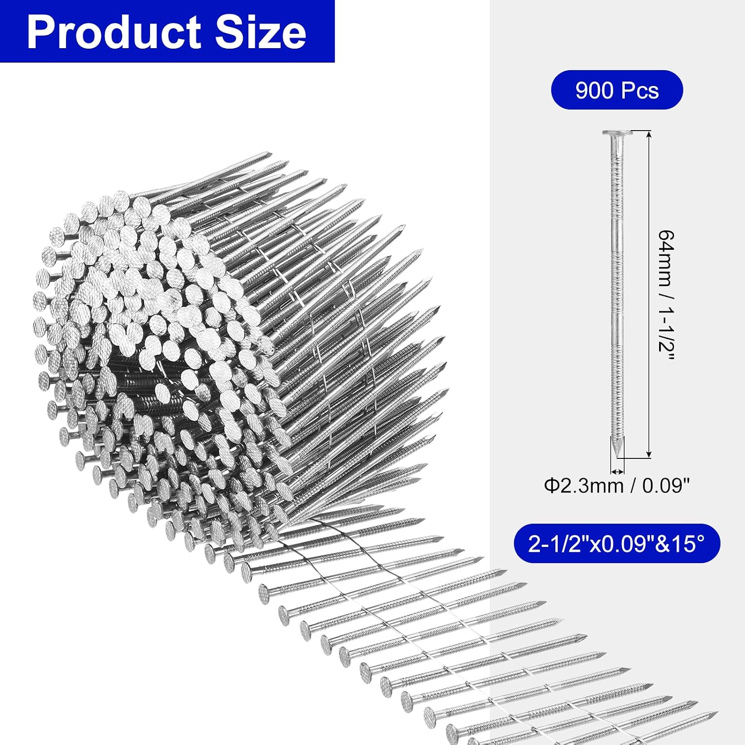 uxcell 900 Count Siding Nails 2-1/2"x0.09" 15-Degree 304 Stainless Steel Ring Shank Full Round Head Collated Wire Coil for Lath and Sheathing Materials