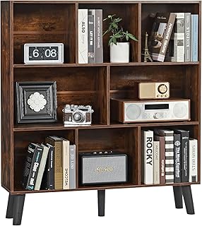 Lelelinky 8 Cube Brown Bookshelf,3 Tier Bookcase with Legs,Rustic Mid-Century Modern Bookshelves, Wooden Book Case Suitabl...