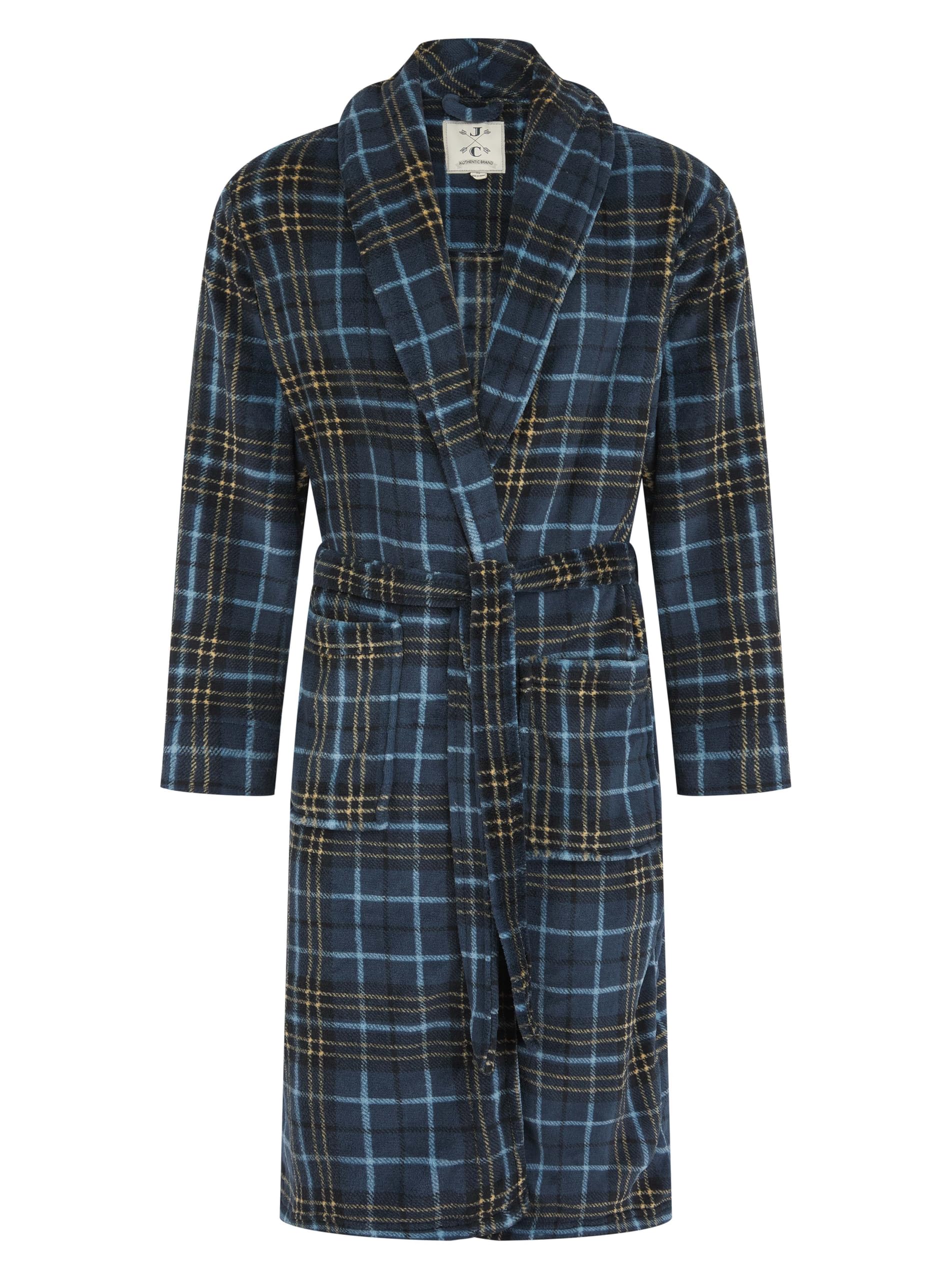 John Christian Men's Warm Fleece Dressing Gown, Blue and Yellow Check Pattern (XXL)