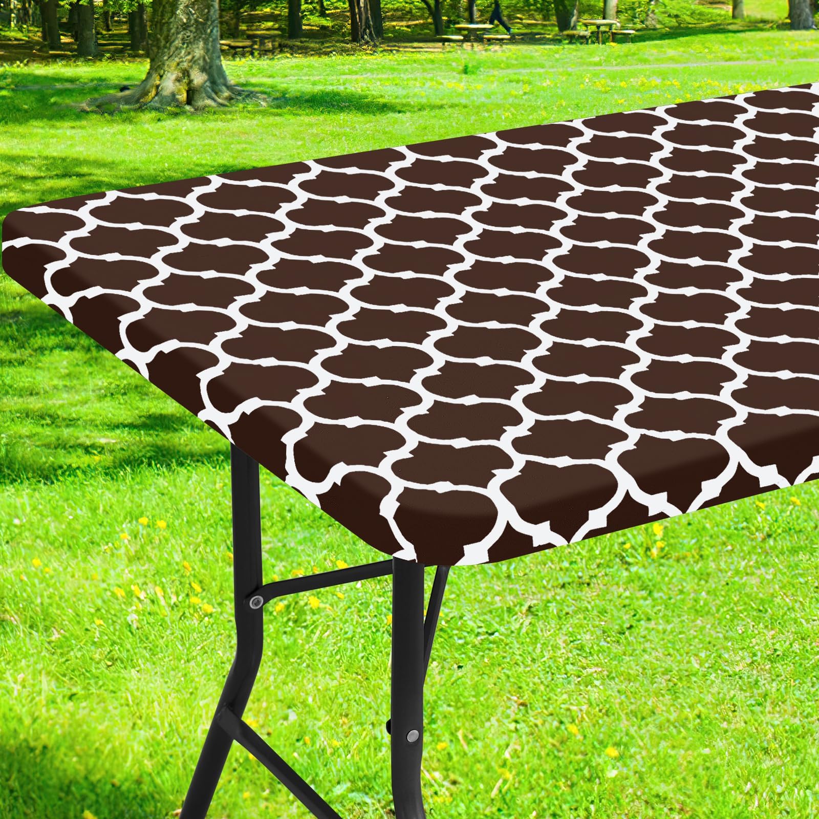 Smiry Rectangle Picnic Table Cover, Waterproof Elastic Fitted Camping Tablecloths for 4 Foot Tables, Wipeable Flannel Backed Vinyl Tablecloth Protector for Indoor, Outdoor (Coffee, 24x48 Inches)
