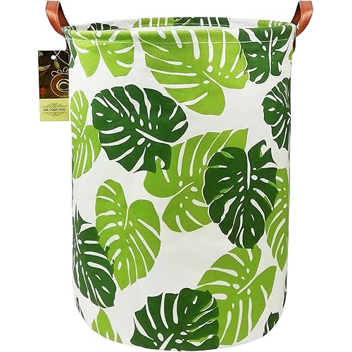 HUNRUNG Laundry Hamper,Large Canvas Fabric Lightweight Storage Basket Toy Organizer Dirty Clothes Collapsible Waterproof for College Dorms, Children Bedroom,Bathroom (Round Leaf)