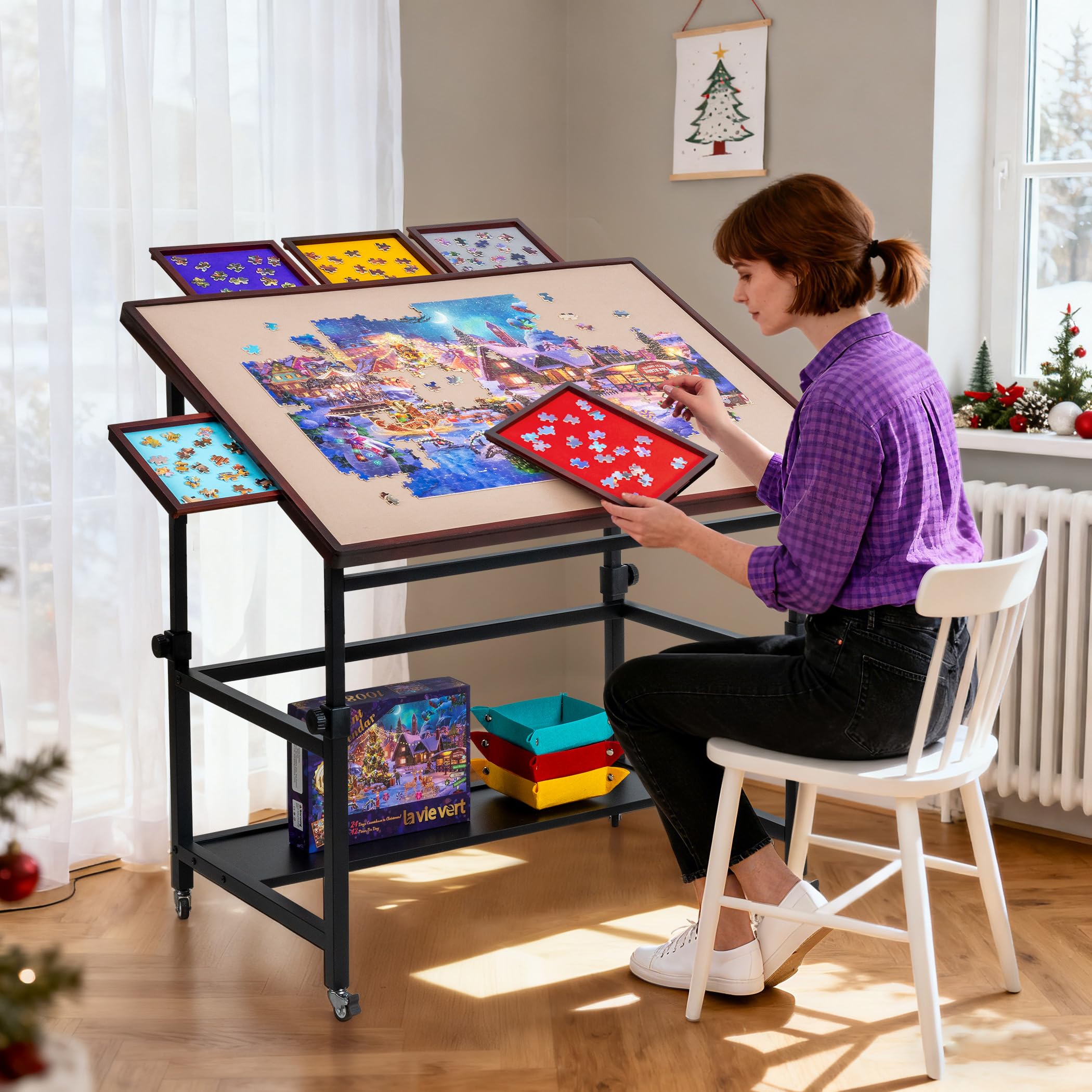 Tektalk Lavievert Kipp-Puzzletisch mit 5 bunten Schubladen und Abdeckung, Winkel- und höhenverstellbares Brett mit Ablage, tragbarer Puzzletisch aus Holz mit Beinen für Puzzle mit bis zu 1500 Teilen
